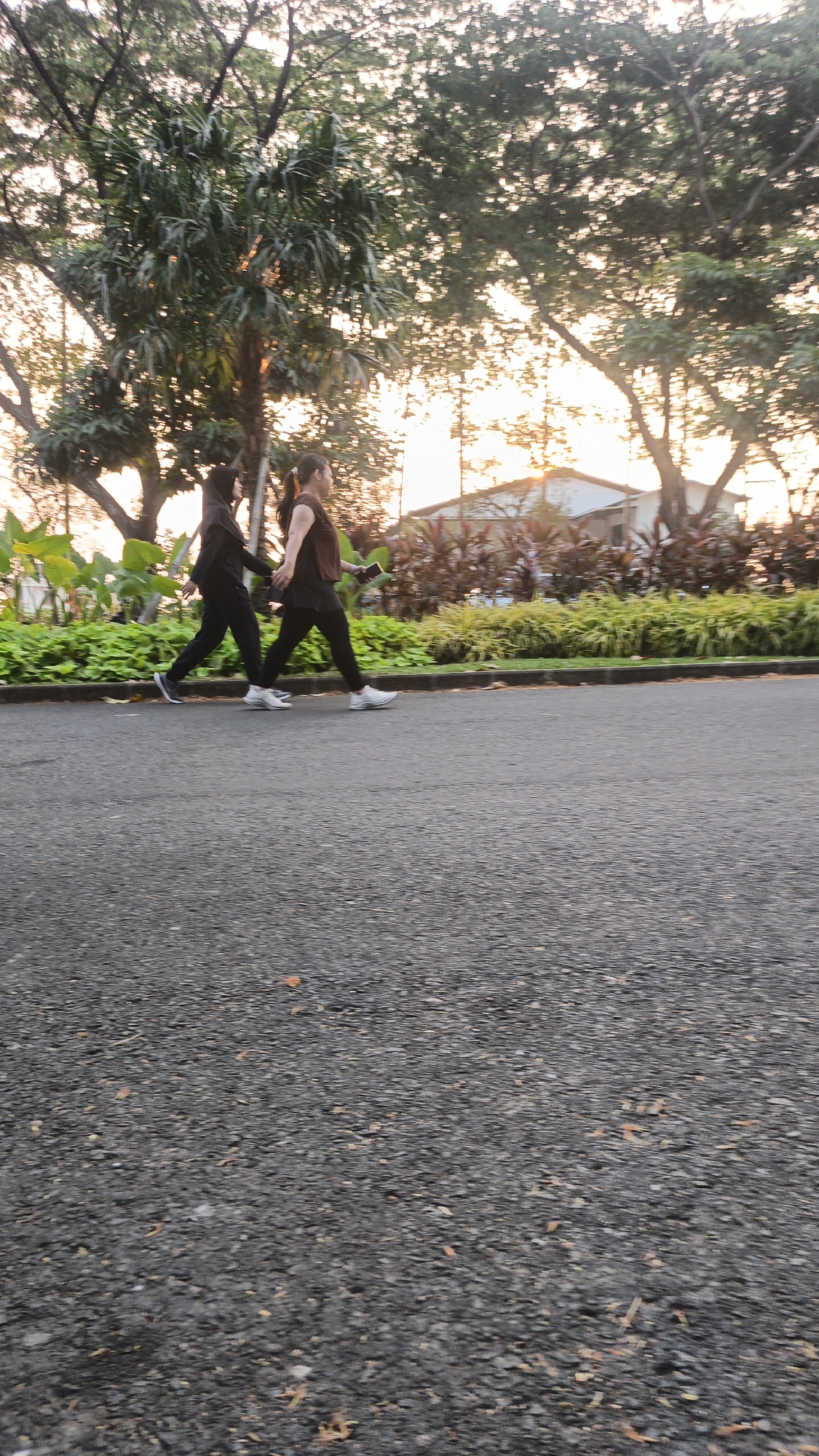 Two individuals are walking side-by-side on a paved pathway in a park-like setting, possibly in Bacin, Indonesia. The person on the left is wearing dark clothing, including a headscarf, and white athletic shoes. The person on the right is wearing a dark brown top, black pants, and white athletic shoes, and is holding a dark object, possibly a phone. They are walking from left to right in the frame. The background features lush green foliage, trees with a canopy of leaves, and a building with a white roof. The sky is a soft orange and yellow, indicating either sunrise or sunset. The pathway is made of asphalt and has scattered fallen leaves.