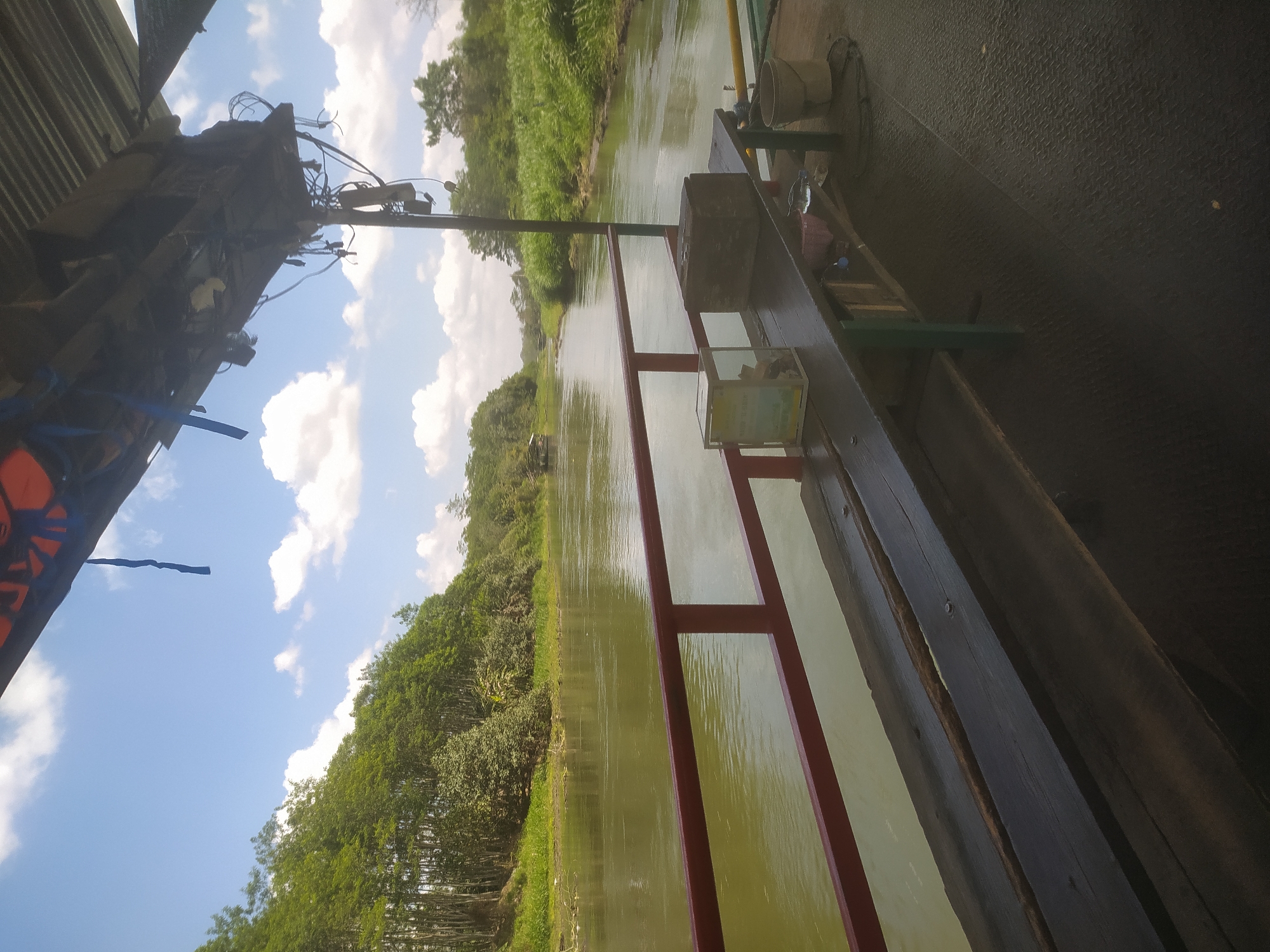 This is a photograph of a boat on a river in Ngunut, Indonesia. The boat is made of wood and has a red railing. There are two benches on the boat, one made of dark wood and the other of lighter wood. A box is sitting on the bench. The river is a murky green color and is surrounded by lush green trees. The sky is blue with white clouds. There is a metal roof over part of the boat. The scene appears to be peaceful and serene.