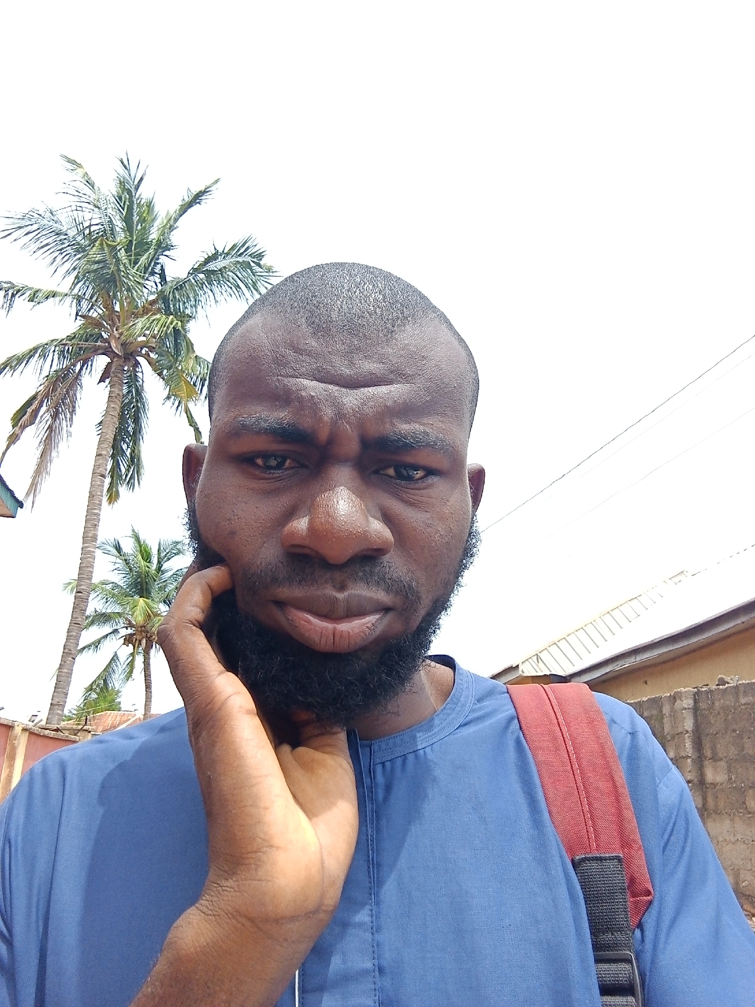 A close-up captures a dark-skinned man with a short, dark beard. He's wearing a blue shirt and has a red backpack slung over one shoulder. His hand is resting on his cheek, and he appears to be looking directly at the camera with a somewhat contemplative expression. Behind him, two palm trees are visible against a bright, almost washed-out sky. A building with a white roof and a brick or concrete wall are also visible in the background. The location is a city of Unknown, Unknown.
