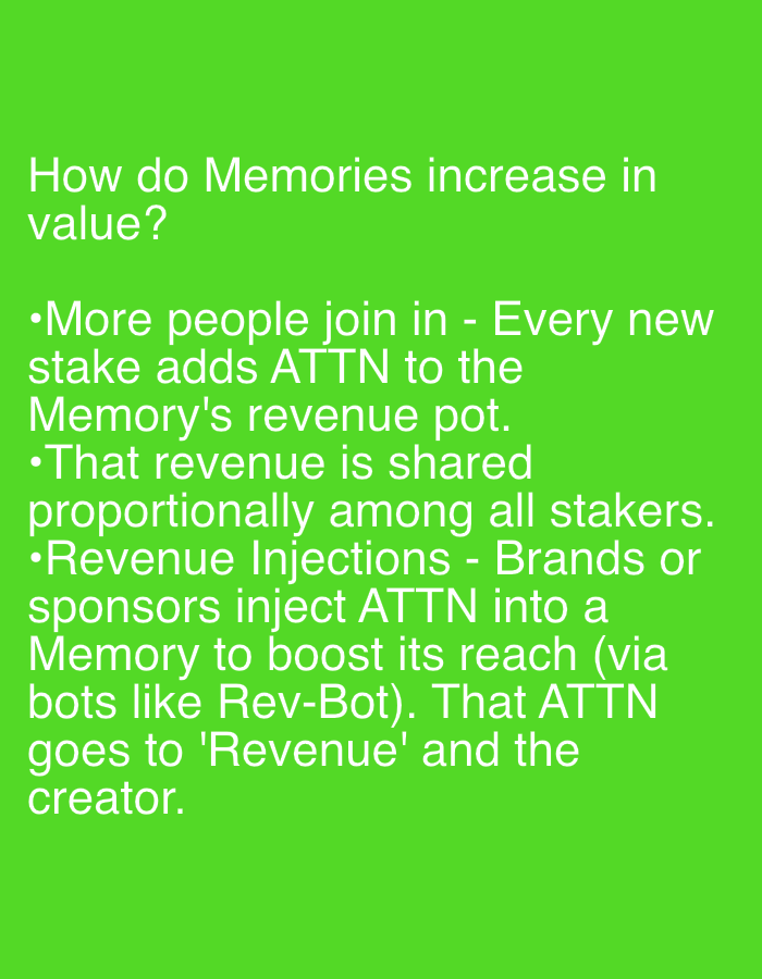 The image displays text on a green background. The text is white and explains how "Memories" increase in value. The points listed are: more people joining in and staking, the revenue being shared proportionally among stakers, and revenue injections by brands or sponsors to boost reach, with the ATTN going to revenue and the creator.