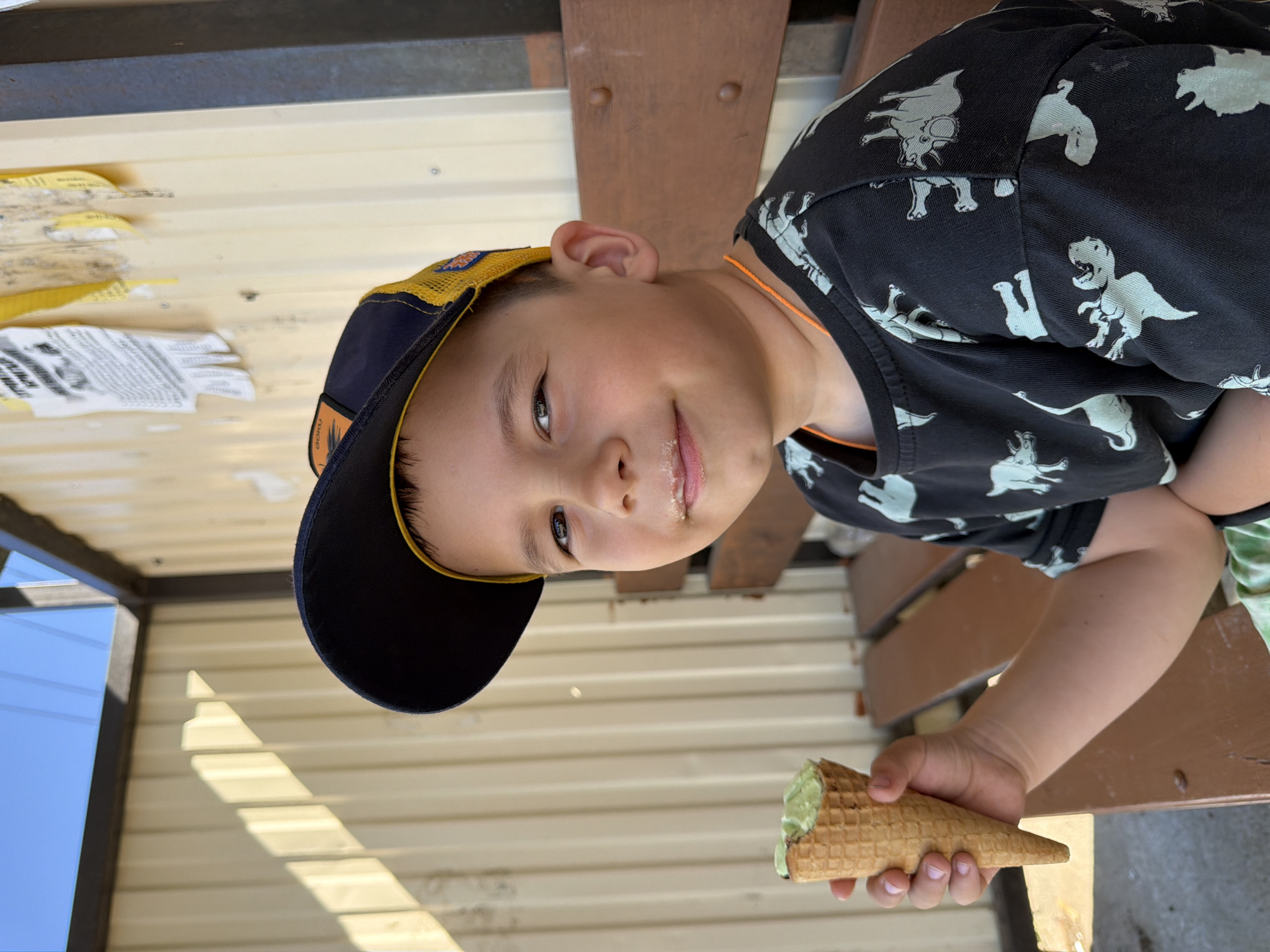A boy, possibly between the ages of 6 and 8, is holding an ice cream cone. He has short brown hair and is wearing a baseball cap with a yellow mesh back and a black bill. He is also wearing a black short-sleeve shirt patterned with white dinosaur shapes. The ice cream is green, and there is some melted ice cream on his upper lip. He is sitting on a brown wooden bench underneath a metal roof structure, as evidenced by the metal ceiling visible above him and behind a bench. The location is outdoors on a sunny day in what may be Chaikovsky, Russia. The exact street cannot be determined without additional contextual information.