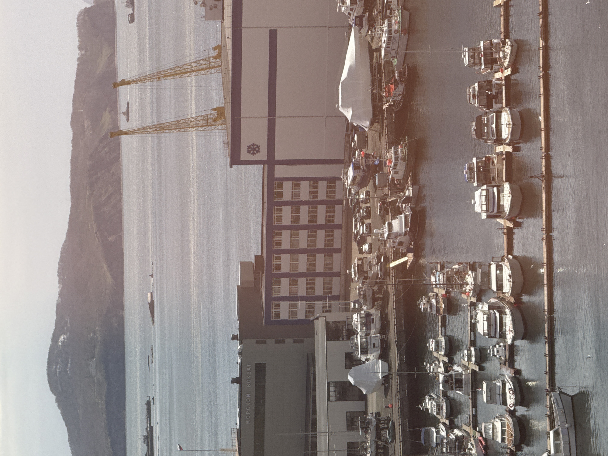 The image captures a harbor scene in Petropavlovsk-Kamchatsky, Russia, under bright, diffused daylight. The view encompasses a bay with numerous boats, several buildings along the waterfront, and a mountainous backdrop.
In the foreground and midground, a calm body of water is populated by multiple piers and docks. These structures host a large collection of small to medium-sized vessels, including yachts and fishing boats, many of which are white or light-colored. Some boats are covered with white tarpaulins, indicating they might be stored or protected.
On the land, a prominent modern building features a white facade with striking blue vertical and horizontal stripes. A distinctive white snowflake-like logo is visible on its upper left section. Below this building, another structure with multiple windows is present. To the left, a darker, grey building stands, clearly displaying the Cyrillic text "МОРСКОЙ ВОКЗАЛ," which translates to "Marine Terminal" or "Sea Station." Further along the waterfront, two tall, yellow gantry cranes are visible, suggesting cargo handling capabilities.
The background is dominated by a long, undulating mountain range, covered in dark, dense vegetation. The mountains appear somewhat hazy, blending into the bright, overcast sky. The water surface is smooth, reflecting the ambient light. The time of day appears to be daytime, likely morning or early afternoon, given the clear illumination. No people are explicitly visible in the scene, which conveys a sense of quiet activity within the port.