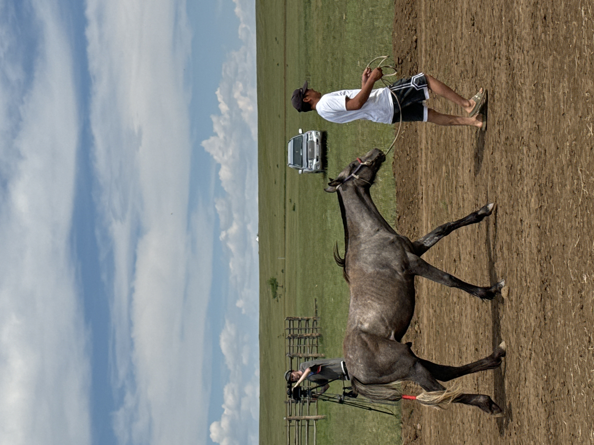 In Orongoi, Russia, a man in a white t-shirt and black shorts leads a grey horse across a dirt arena, holding a rope halter. The horse has a red ribbon tied around its tail. In the background, a person operates a video camera on a tripod, facing the horse and handler. Further back, a silver SUV is parked in a green grassy field with a wooden fence. The sky is blue with scattered white clouds, and the landscape is open and rural.
