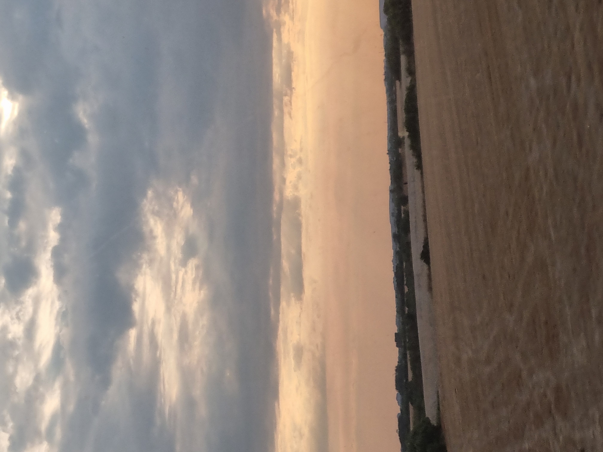 A wide shot captures a rural landscape under a dusky sky. The upper half of the image is dominated by a gradient of clouds, transitioning from dark gray at the top to lighter shades of gray and hints of peach near the horizon. Sunbeams subtly pierce through the clouds. Below the sky, a hazy, peach-colored band separates the sky from the land. The land itself features a wide expanse of dry, textured earth, possibly a harvested field, with faint parallel lines suggesting agricultural cultivation. A dark line of trees and low hills marks the distant horizon. The lighting suggests either early morning or late evening. The scene depicts a quiet, natural environment.