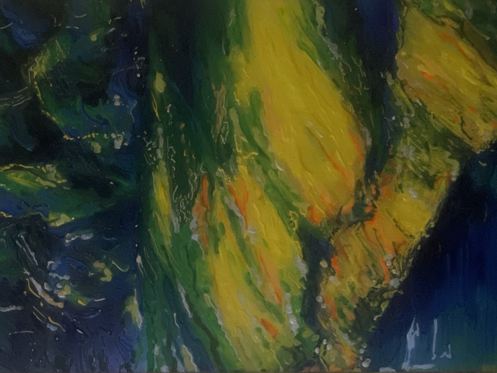 The image is an oil painting depicting a sunlit river or stream flowing through a natural landscape. The water in the foreground is a deep blue, with some lighter blue and white streaks suggesting movement. The riverbanks are a mix of vibrant yellow and green, with hints of orange and white. These colors appear to represent reflections of sunlight on the water and vegetation. In the background, dark green and blue tones suggest trees or foliage, with dappled sunlight filtering through. There are no people, animals, or man-made structures visible in the painting. The style is impressionistic, with visible brushstrokes and a focus on capturing light and color.
There is no information in the image itself that indicates it is located in Minsk, Belarus. The scene is generic and could be found in many natural environments.