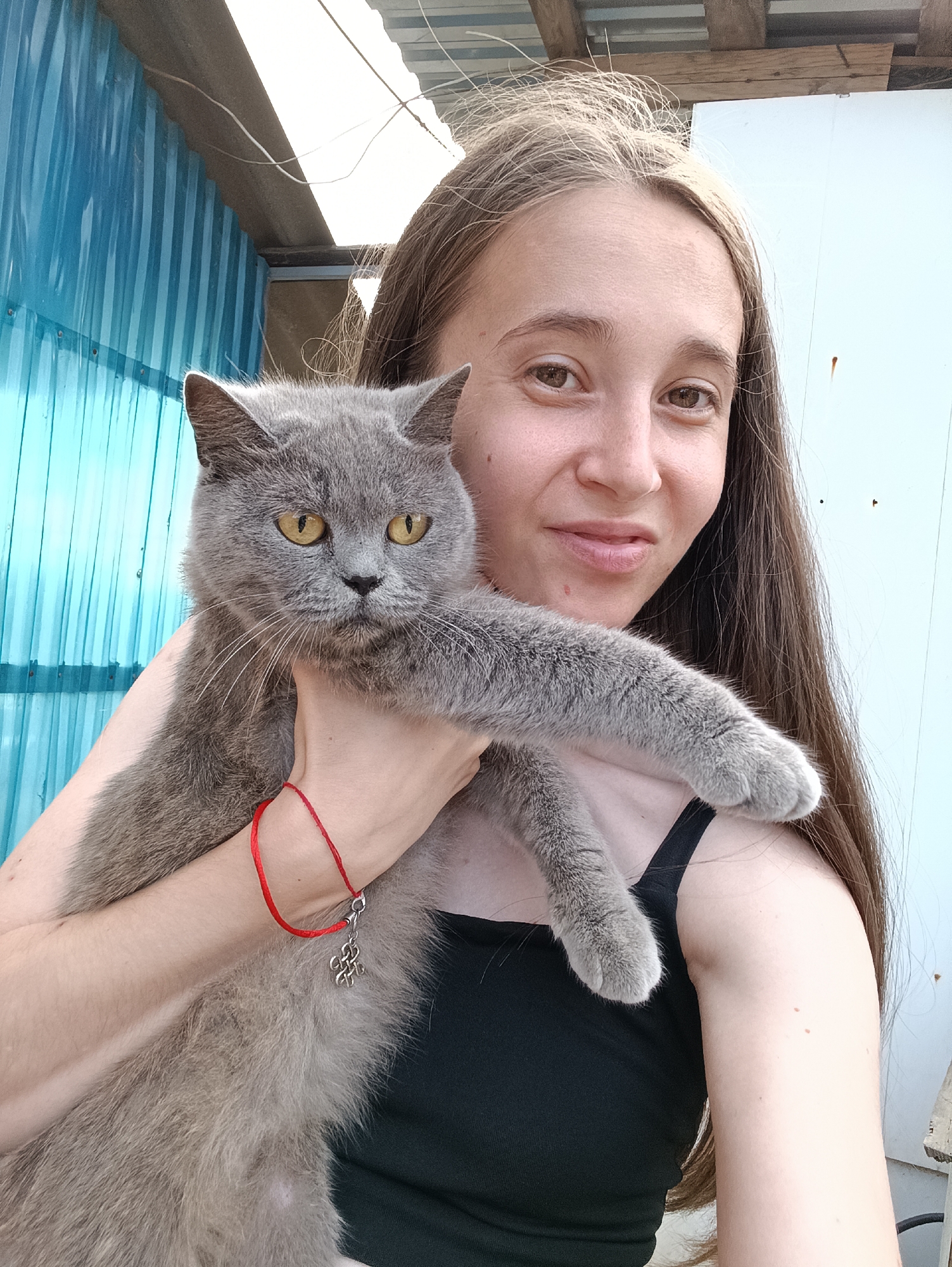A young woman with long brown hair is holding a gray cat in front of a blue corrugated metal wall and a white wall. The woman is wearing a black tank top and a red bracelet with a silver charm. The cat has yellow eyes and is looking at the camera. The scene appears to be outdoors, possibly in Vypasne, Ukraine, as suggested by the rustic background. The image is a close-up, focusing on the woman and the cat.
