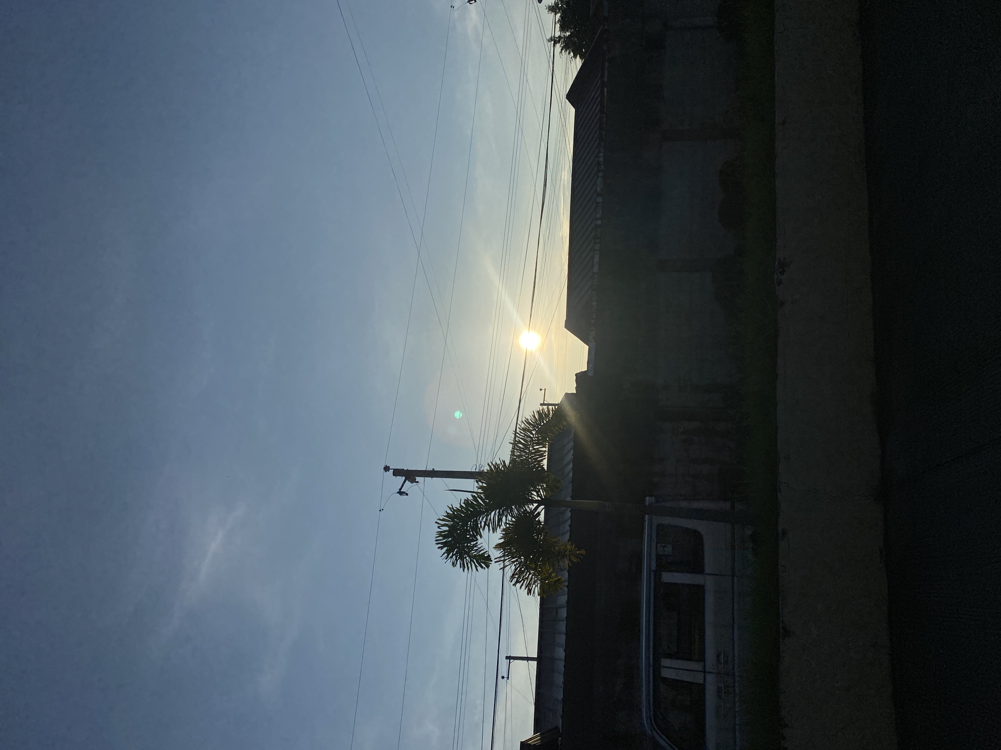 The image depicts an outdoor scene, likely in Davao City, Philippines, during what appears to be either sunrise or sunset, given the low angle of the sun and the lighting conditions. The sky is a clear blue with a few wispy clouds. The sun is visible as a bright orb with prominent sun flares.
In the mid-ground, a single palm tree stands to the left of a utility pole with multiple wires. Behind the palm tree and pole, a dark wall or fence runs horizontally across the frame. To the left of the wall, a light-colored van is parked. The wall is topped with a dark, corrugated metal roof, suggesting the presence of buildings behind it.
In the foreground, a concrete barrier or curb is visible, separating the viewer's perspective from the scene behind it. The ground in front of the barrier is dark, possibly asphalt or pavement. The overall impression is one of a suburban or semi-urban environment, common in many parts of Davao City, with a mix of natural elements and infrastructure. No people are visible in the image. The lighting suggests a time of day when shadows are long and the sun is low on the horizon.