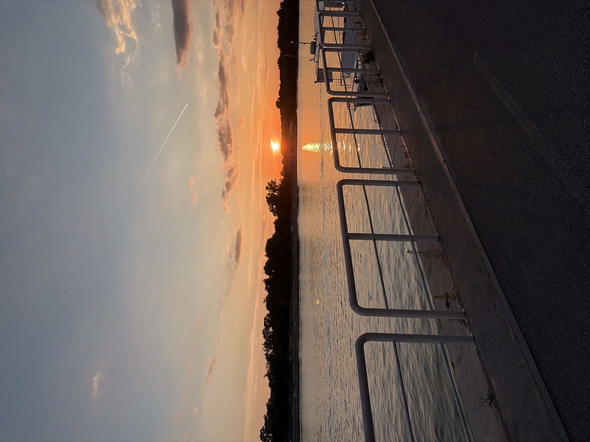 This media file is a vertical, full-shot photograph taken at sunset on a calm body of water, likely a river, judging by the treeline on the opposite bank and the presence of a paved walkway with a white railing in the foreground. The sun is low on the horizon, casting a warm, golden glow across the water and the sky. Wispy clouds are present, tinged with orange and pink from the setting sun. A contrail from an airplane is visible high in the sky.
On the water, a white boat is docked or moored, partially visible behind the railing. The walkway appears to be part of a promenade or waterfront area, with a dark asphalt surface adjacent to the concrete path. Small, sparse vegetation grows between the concrete slabs and along the edge of the walkway.
The overall mood of the image is peaceful and serene, evoking the tranquility of a summer evening. The time of day is clearly sunset, with the warm, soft light indicating this. The weather appears clear and calm, with no signs of wind or precipitation. While no specific landmarks of Belgrade, Serbia are immediately identifiable, the context suggests a waterfront location within the city. There is no visible text in the image.