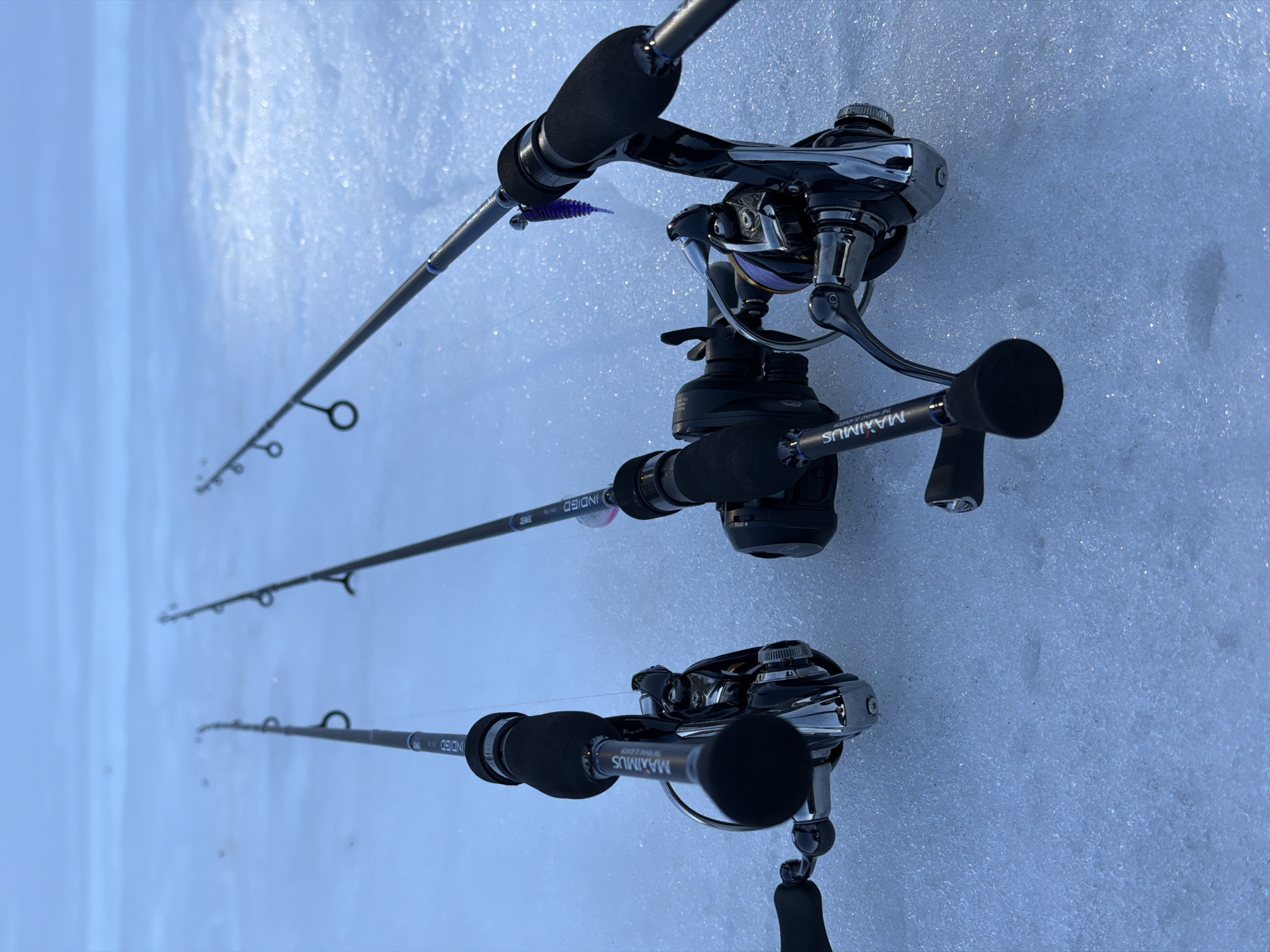 The image depicts three fishing rods with reels resting horizontally on a textured, icy surface, indicative of a frozen body of water. The environment consists of a broad expanse of ice, exhibiting crystalline details and varying shades of white and light blue, extending into a soft, blurred horizon.
From left to right:
1. A fishing rod with a spinning reel, featuring a black foam grip. The rod blank is marked "INDIGO," and the reel seat displays "MAXIMUS." The reel is silver-chrome and dark gray.
2. A fishing rod with a baitcasting reel, featuring a black foam grip. The rod blank is marked "INDIGO," and the reel seat displays "MAXIMUS." The reel is predominantly dark gray.
3. A fishing rod with a spinning reel, featuring a black foam grip. The rod blank is marked "INDIGO." A small, purple, segmented soft plastic lure is attached near the reel. The reel is silver-chrome and dark gray.
No individuals are present. The fishing equipment is stationary, laid out for an implied fishing activity.
Location: City of Unknown, Unknown.