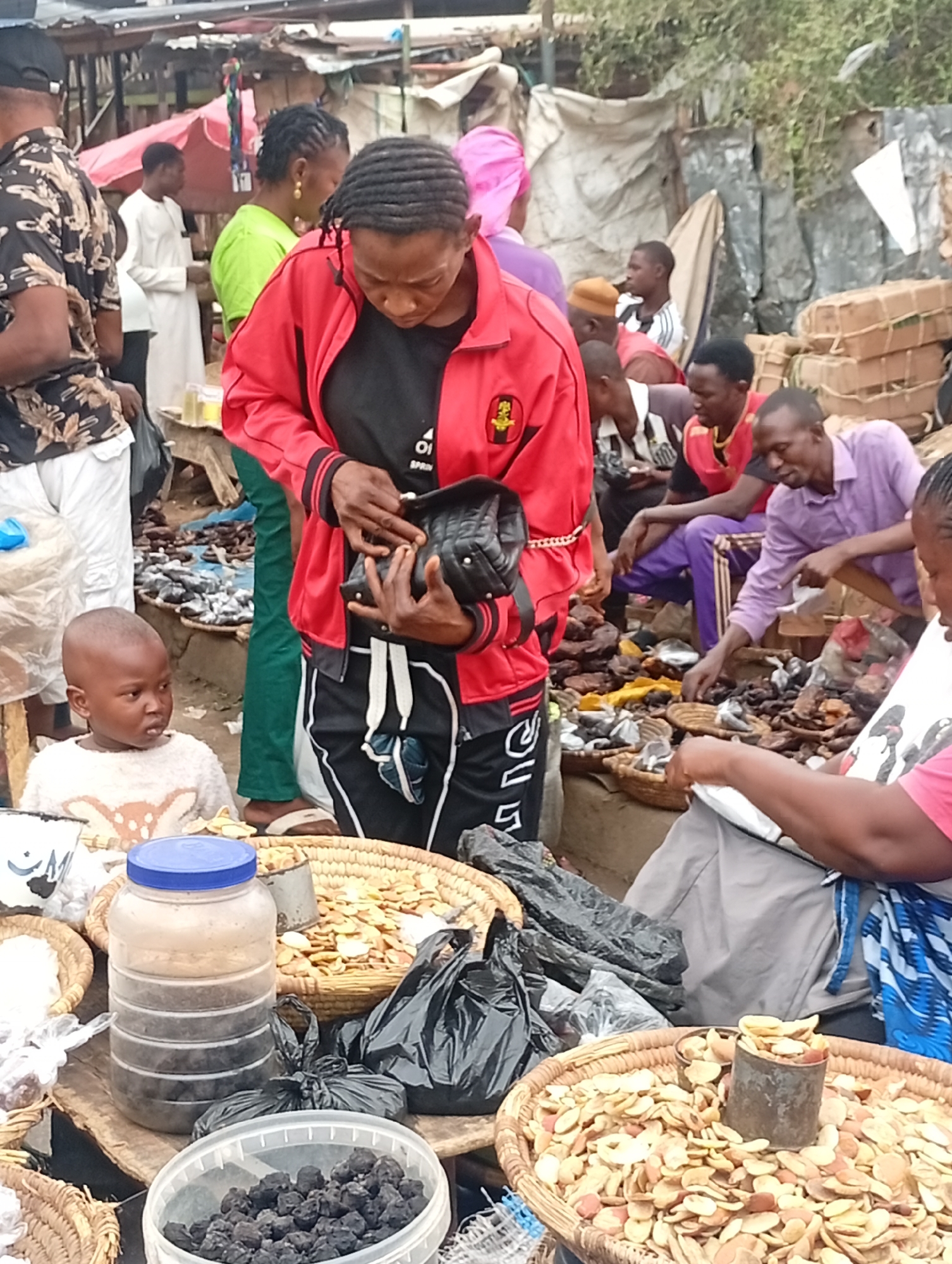 **Scene:** A bustling marketplace in Maiburiji, Nigeria.
**People:** A woman in a red jacket and black pants is focused on opening a black purse. A young child in a white sweater with a deer design sits nearby. Several men are seated behind a table, seemingly examining goods. Another woman is partially visible, seated with a notebook, possibly recording transactions. Various other individuals are visible in the background.
**Objects:** Woven baskets filled with what appear to be dried nuts or seeds are prominently displayed. A large plastic jar with a blue lid, containing a dark substance, is also visible. Black plastic bags, possibly containing merchandise, are scattered around.
**Actions:** People are engaging in commerce, with some examining goods and others handling money or recording transactions. The woman in the red jacket is focused on her purse, likely retrieving money for a purchase.
**Interactions:** Interactions appear to be centered around buying and selling goods.
**Environment:** A busy, crowded marketplace setting is indicated by the presence of numerous people, goods, and stalls. There is an open-air canopy structure.