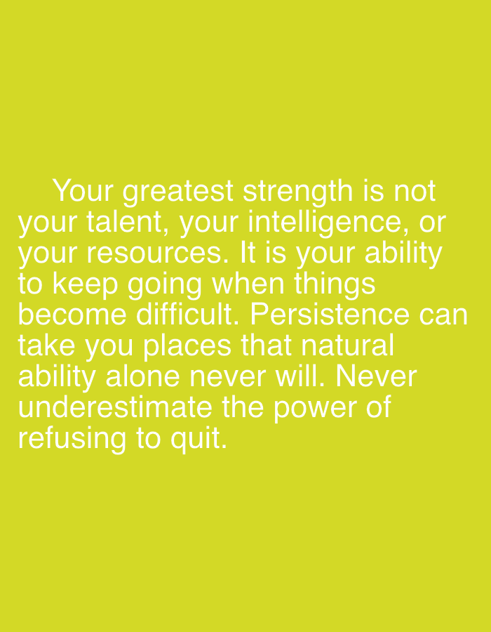 The image contains white text on a yellow background. The text reads: "Your greatest strength is not your talent, your intelligence, or your resources. It is your ability to keep going when things become difficult. Persistence can take you places that natural ability alone never will. Never underestimate the power of refusing to quit." There are no people, objects, or environmental details to describe. The location in Jalingo, Nigeria is not depicted in the image.