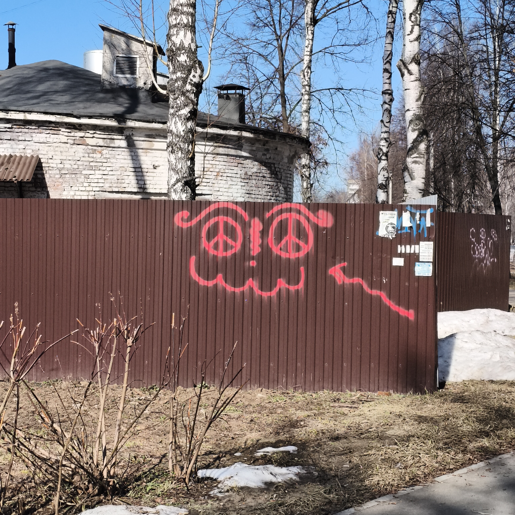The image depicts a corrugated metal fence in what appears to be a residential area, likely located in Chaikovsky, Russia. The fence is painted brown and features graffiti in red paint, including a stylized face with peace signs for eyes, eyebrows, and a wavy mouth. An arrow is also painted pointing to the right.
Attached to the fence are several flyers and pieces of paper. The ground in front of the fence is covered with dry grass and small patches of melting snow. A small bush with bare branches is visible in the lower left corner.
Behind the fence is a low brick building with a dark, dome-shaped roof and a chimney. Several birch trees with distinctive white bark and bare branches are in the background. The sky is blue and clear. The scene conveys an impression of early spring in a typical urban setting in Russia.