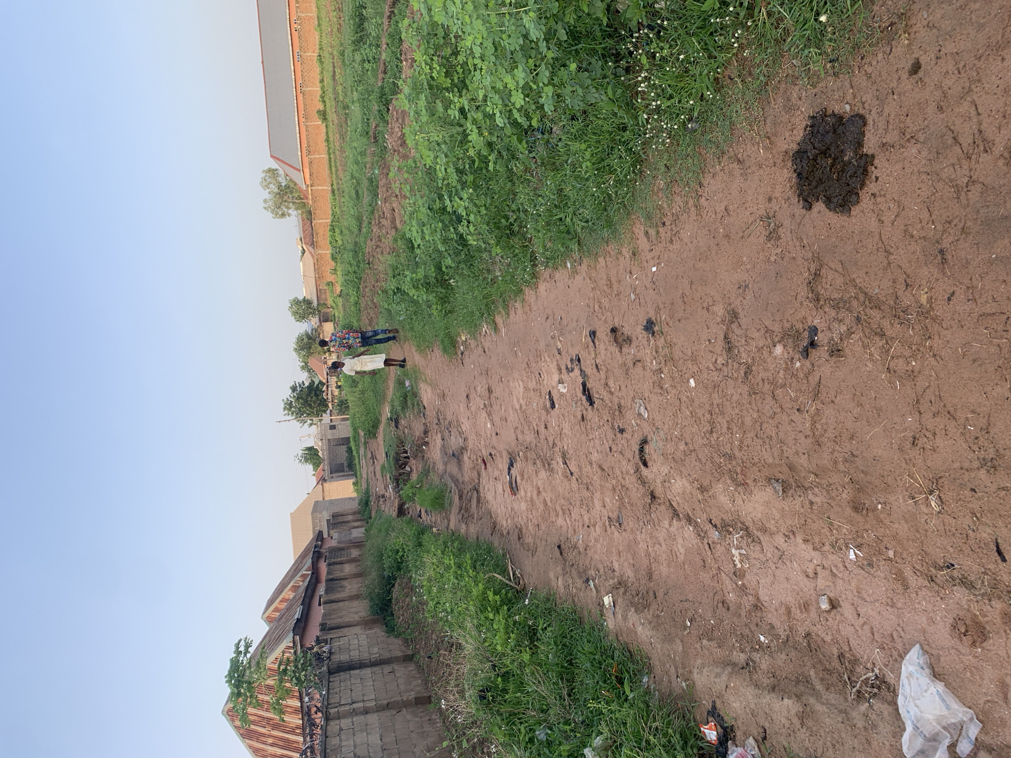 The image depicts an outdoor scene on a dirt road in Jalingo, Nigeria, under a clear sky. The road is surrounded by sparse vegetation and agricultural fields. In the foreground, the dirt road is littered with debris, including plastic bags and animal droppings. A few people are visible in the distance walking along the road. To the left of the road, a brick wall separates it from a residential area with houses. The houses have corrugated metal roofs. To the right, the agricultural fields are planted with crops, and a brick wall with buildings behind it is visible further in the distance. The overall impression is of a semi-urban or rural setting on the outskirts of the city.