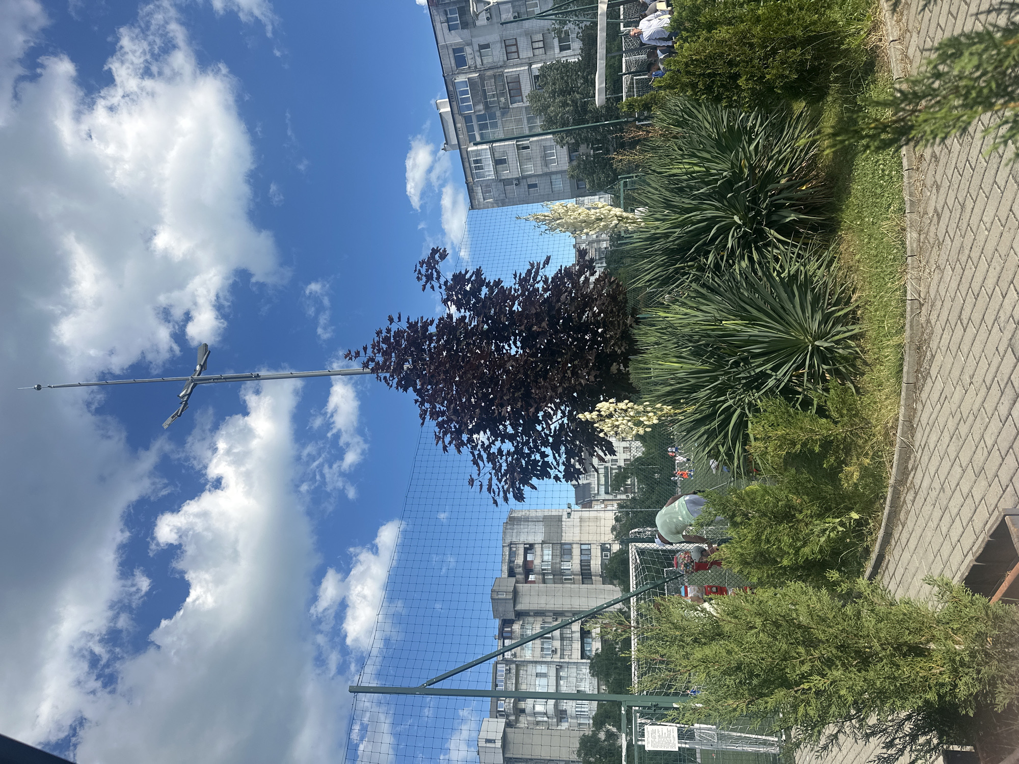 In the city of Unknown, Unknown, a sunny day is captured with a view of a sports field and residential buildings. In the foreground, a paved walkway with a cobblestone pattern leads towards lush green bushes, including a tall yucca plant with white blooms. A dark-leaved tree stands to the left of the walkway, its branches reaching upwards. Behind the bushes, a fenced sports field is visible, with a goal and several children playing on the green turf. In the background, several multi-story apartment buildings with a dated architectural style stand against a bright blue sky dotted with fluffy white clouds. A tall light pole with a single fixture is prominent in the upper center of the image.