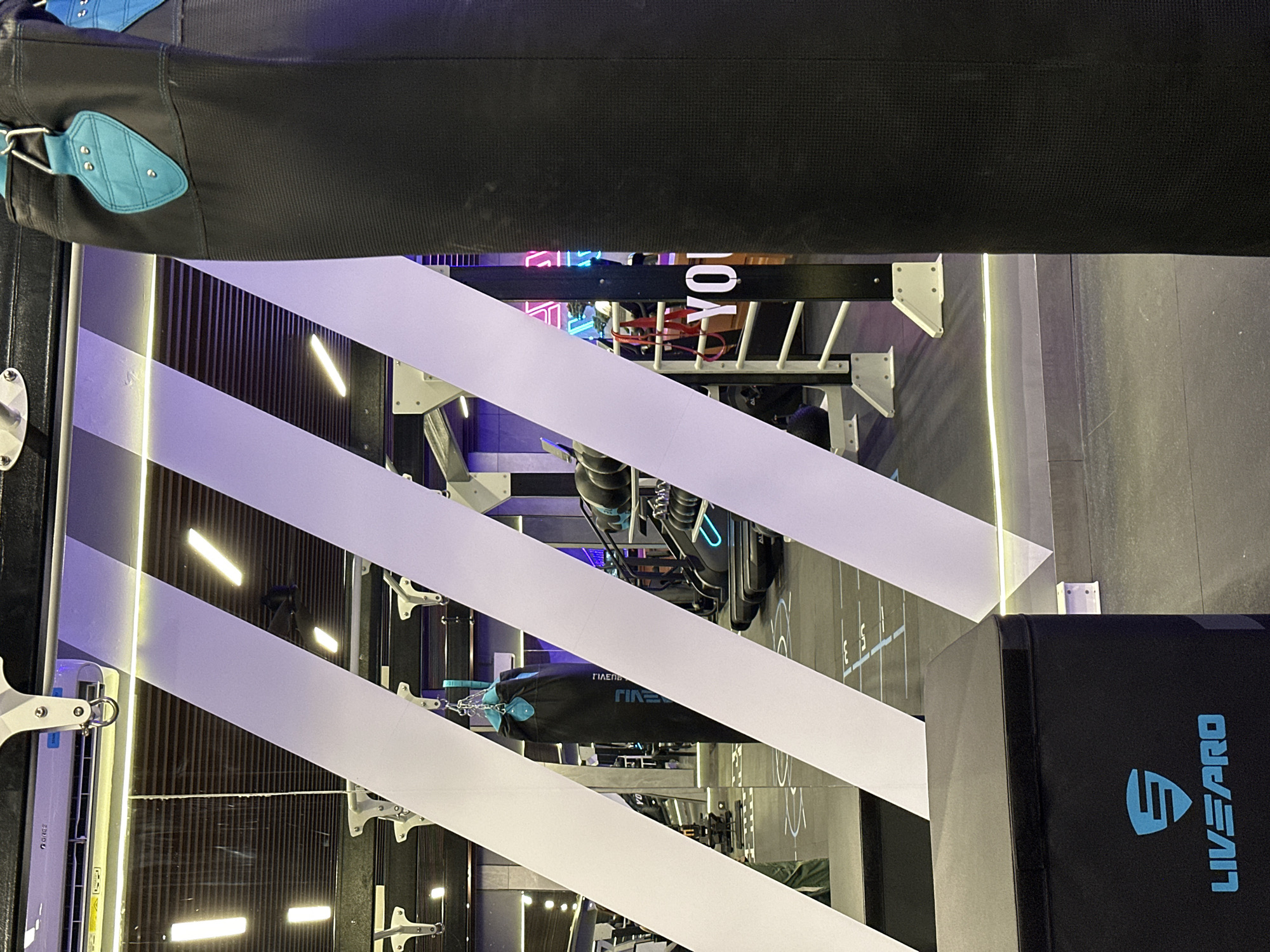 The image depicts the interior of a gym located in North Kuta, Indonesia. Prominent features include workout equipment arranged along a wall with vertical stripes, punctuated by bright white horizontal bars. A punching bag hangs suspended from a chain. Adjacent to the workout area, "LIVEPRO" is written vertically on a black box. The equipment is mostly grey and black with hints of blue, arranged around neon lighting.