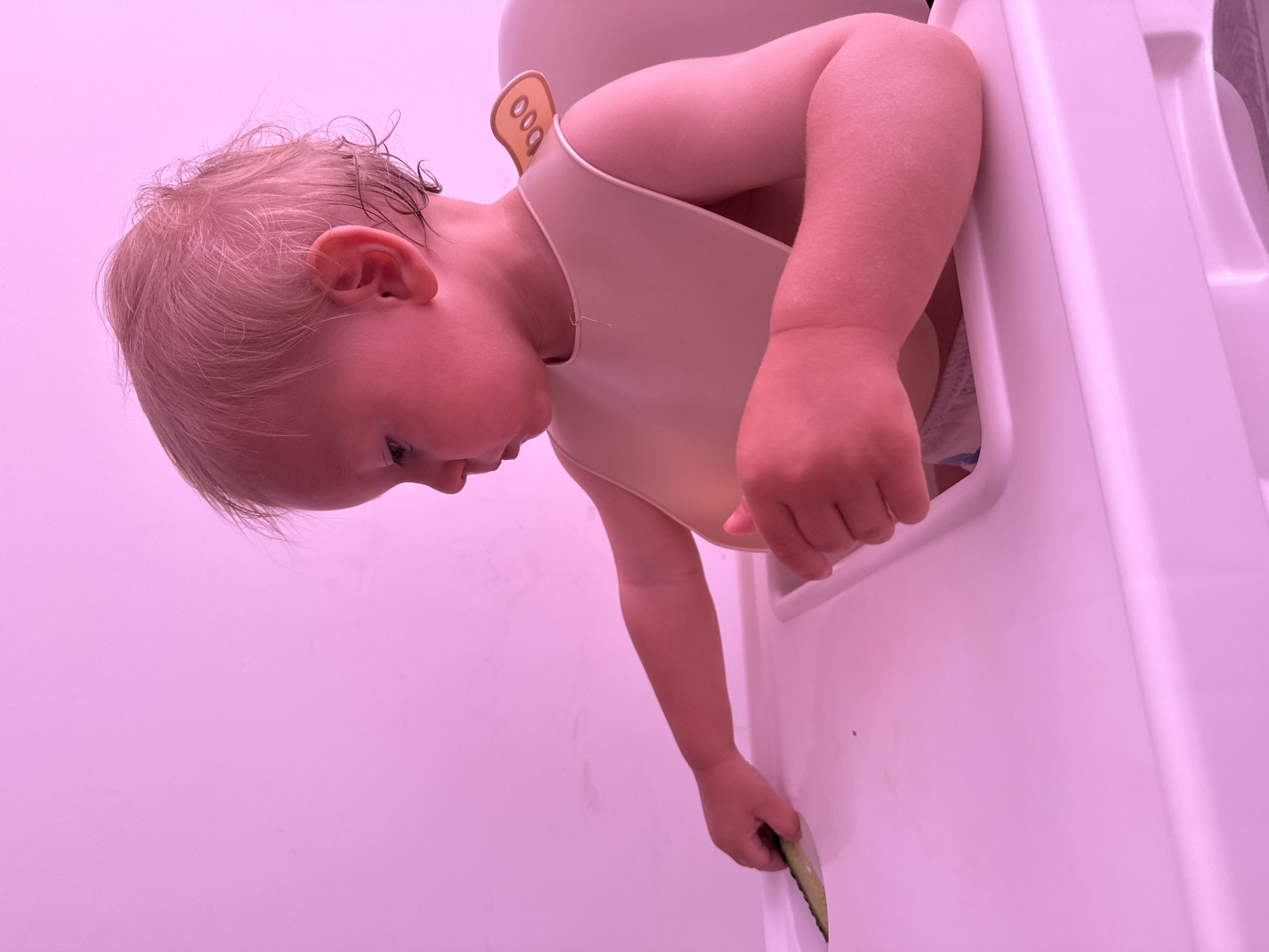 A toddler with blond hair, wearing a light-colored bib, sits in a high chair with a pink background. The toddler is looking down at a slice of cucumber on the tray of the high chair. The toddler's left hand is reaching for the cucumber. The high chair is white. The scene is likely indoors. No specific location in Sochi, Russia can be determined from the image.