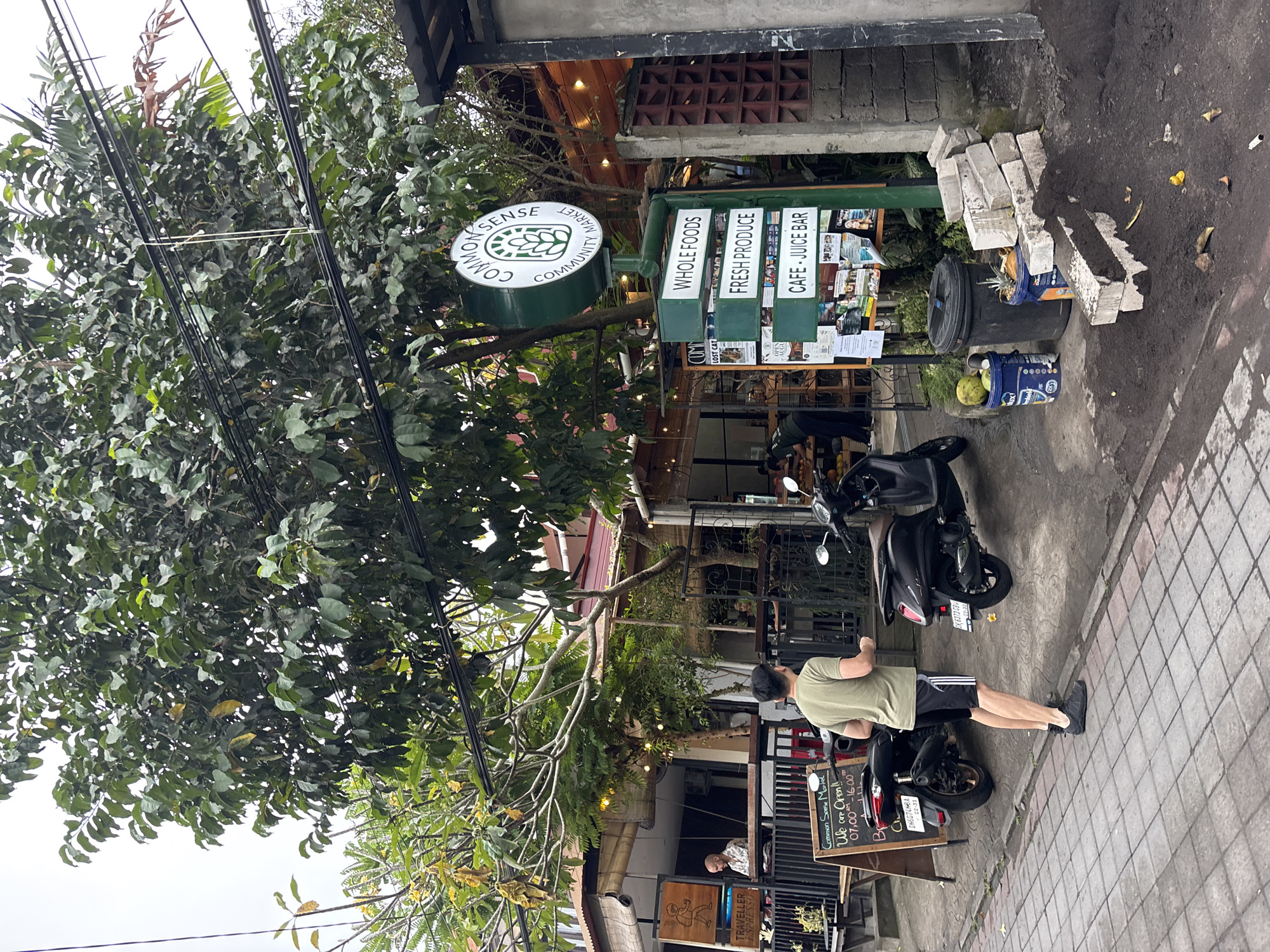 The image depicts a street scene in Ubud District, Indonesia, featuring the "Common Sense Community Market." A man in a green t-shirt and black shorts stands on a paved sidewalk, facing away from the camera. Two motorbikes are parked on the street. To the right, a green sign with white text lists "WHOLE FOODS," "FRESH PRODUCE," and "CAFE - JUICE BAR." A large tree with green foliage dominates the upper portion of the image, with power lines running through its branches. In the background, the market building has a red roof and bamboo-like awnings. A man with a shaved head is visible inside the market behind a counter. Construction materials, including bricks and dirt, are piled on the right side of the sidewalk, adjacent to the market. Buckets containing coconuts and pineapple are also present near the construction debris.