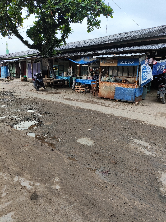 This image depicts a roadside scene in Selagai Lingga, Indonesia, characterized by a weathered road and several makeshift shops under an overcast sky. The foreground is dominated by a rough, unpaved road made of dirt and gravel, marred by numerous potholes and puddles of water, indicating recent rain.
Along the right side of the road, a series of simple, single-story structures with corrugated metal roofs house various small businesses. In the midground, a prominent blue and heavily rusted metal stall, serving as a "Pertamini" (mini gas station), is visible. This stall is filled with bottles containing liquids, presumably fuel, for sale. Visible text on the stall includes "PERTAMINI" and "MAK NEAP." An attached sign on its right side also shows the word "BOTTLE" along with some indistinguishable Indonesian text.
To the left of the Pertamini stall, another smaller vendor stand is set up under a blue tarp, displaying various goods. A black scooter is parked near this area. Further left, a large, mature tree with lush green foliage stands by the roadside, its branches extending over the path. Beyond the tree, more simple buildings with various colored doorways (one purple, one green) line the road. In the distant background, a green-capped minaret can be seen rising above the rooftops, suggesting a nearby mosque.
No individuals are clearly visible in the image, but the presence of the stalls and motorbikes implies activity and commerce. The time of day appears to be daytime, likely late morning or early afternoon, under a soft, diffused light from the overcast conditions. The scene conveys a sense of daily life in a rural or semi-urban community with basic infrastructure.