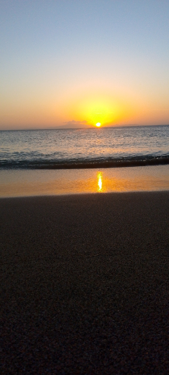 A scenic beach landscape features a vibrant sunset. The sun, a bright yellow orb, hovers just above the horizon, casting a shimmering golden reflection on the ocean surface. Gentle waves roll towards the dark sand of the beach in the foreground. The sky transitions from a soft blue at the top to a warm orange hue near the horizon, creating a serene and picturesque scene.