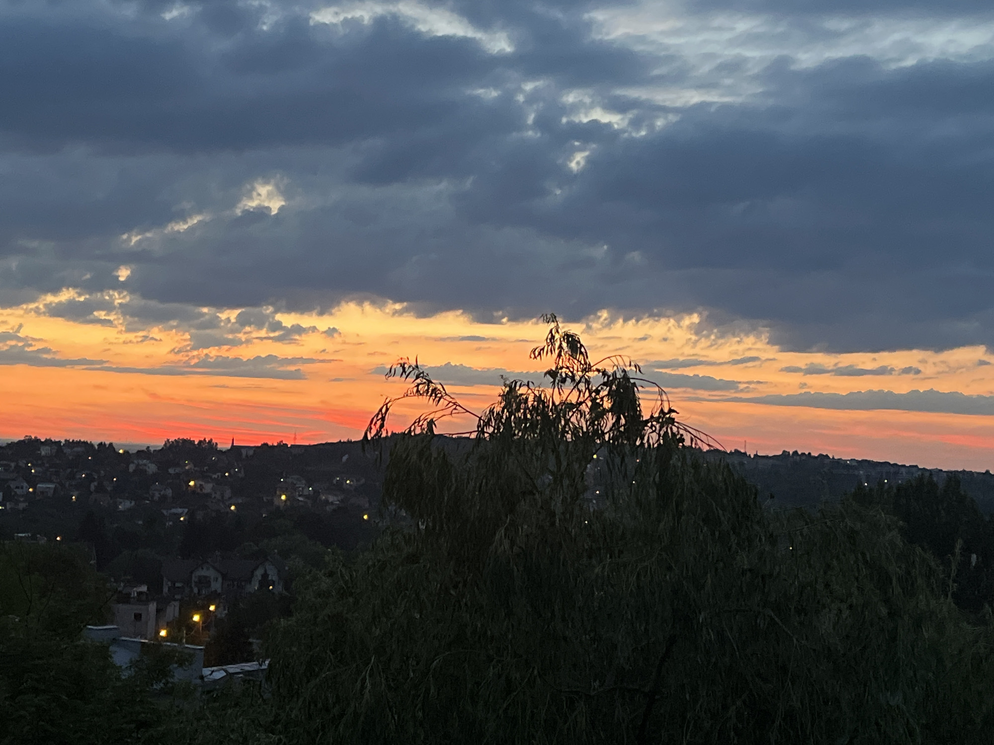 This is a horizontal, eye-level, full-shot photograph taken at dusk. The image depicts a wide view of a town nestled in a valley, illuminated by the warm glow of sunset and scattered lights from houses. The sky is a dramatic canvas of dark, stormy clouds in the upper portion, transitioning to vibrant hues of orange and yellow as they meet the horizon. This gradient suggests a sunset after or during a weather event.
In the foreground, a large, dark tree with drooping branches partially obscures the view of the town and the sunset. Its leaves are silhouetted against the brighter sky, and a few small, bright specks, possibly lights or reflections, are visible within its foliage. The town itself is spread across rolling hills, with numerous small lights twinkling from homes and streetlights, indicating a residential area. The overall impression is one of a peaceful, yet somewhat moody, evening scene. The time of day is clearly dusk, given the sunset colors and the artificial lights beginning to appear. The weather appears mixed, with evidence of recent or ongoing rain from the dark clouds, contrasting with the clear sunset colors lower in the sky. There is no visible text in the image.