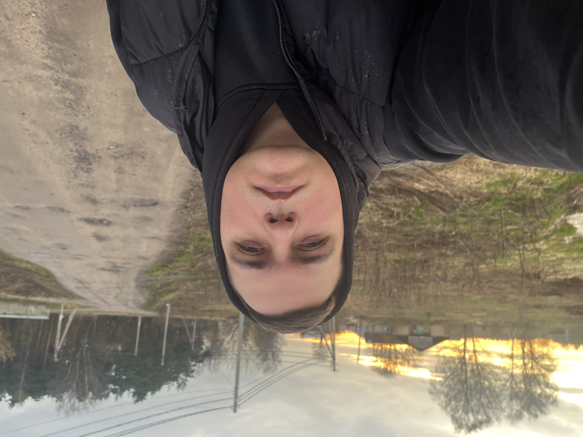 The image is an inverted, close-up selfie of a person, likely male, taken outdoors in a rural or semi-rural environment. When viewed with correct orientation, the person's face and upper torso dominate the foreground, with a landscape background.
The individual is wearing a black hooded puffer jacket, which is covered in visible water droplets, suggesting recent rain or wet conditions. Beneath the jacket, a dark hooded sweatshirt is visible. The person has short, dark hair and a neutral expression, looking directly into the camera.
The background features a dirt or gravel road on the left side of the frame, extending into the distance. The landscape includes power lines and poles, numerous trees with sparse or no foliage (indicating late autumn, winter, or early spring), and distant buildings or houses on the right. The sky transitions from an overcast grey to warm golden and orange hues on the right, suggesting either a sunrise or sunset. The ground appears damp in places.
There is no visible text within the image. The scene is set in Раздолье, Russia.