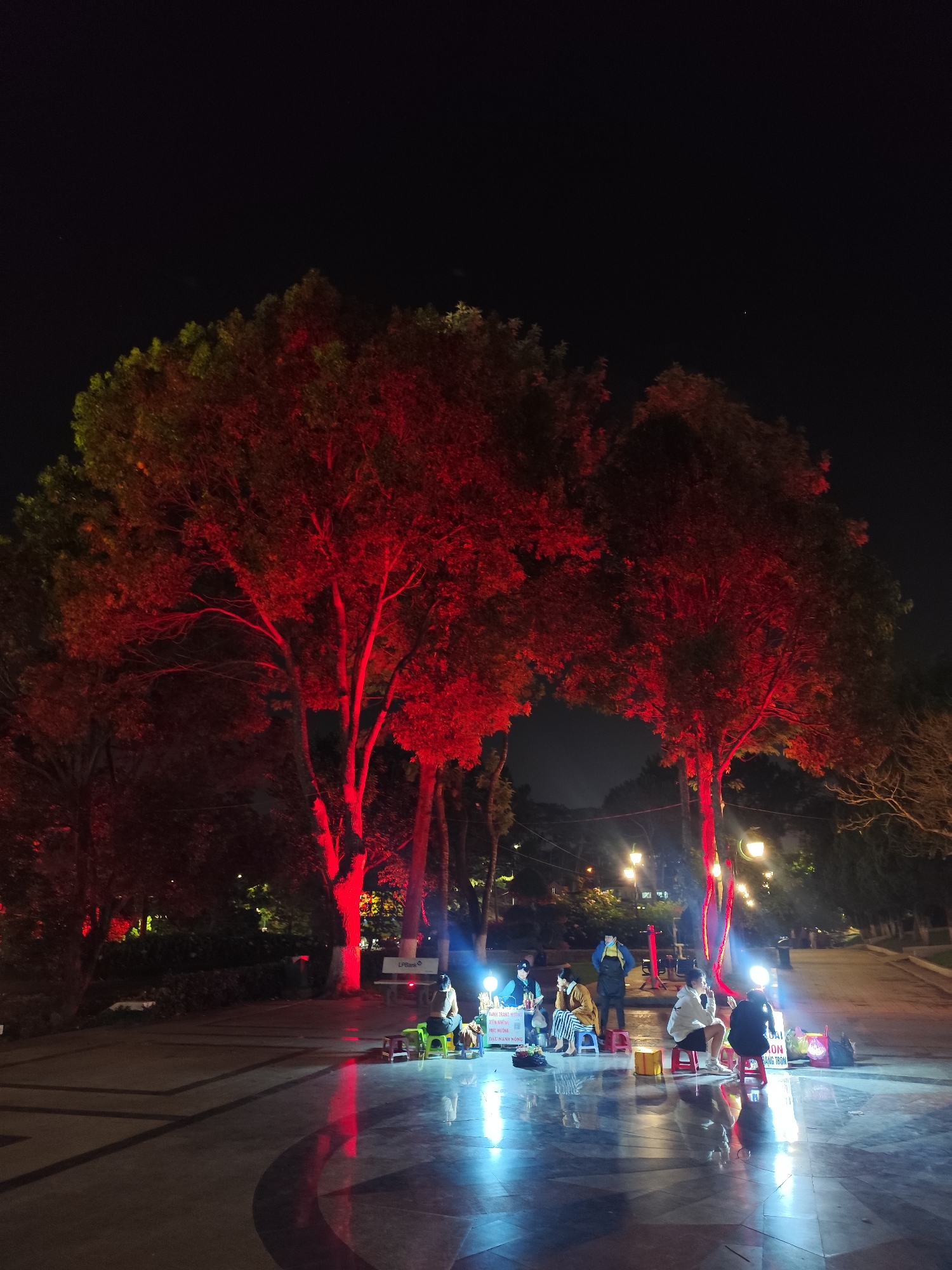 At night, a group of people sit on small stools around a vendor in a paved square in Da Lat, Vietnam. Two large trees are illuminated in red. Other trees and light posts are visible in the background. The vendor's stand, marked with signs in Vietnamese, indicates they sell snacks and drinks. Several people are wearing face masks. The reflective pavement suggests it might be wet. The sky is dark.