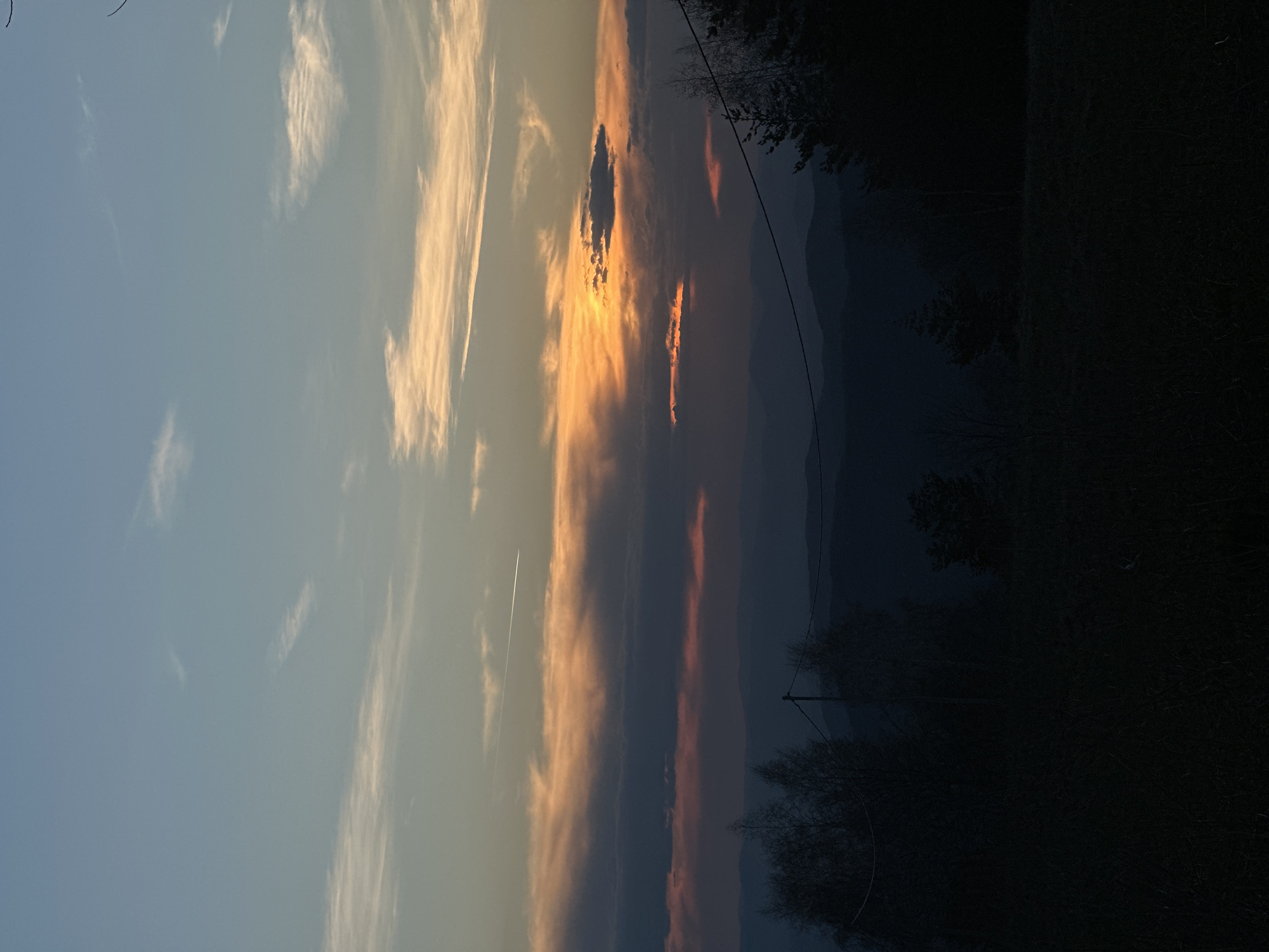 The image is a vertical landscape shot of a sunset in what appears to be a natural area on the outskirts of a city, with some indication of possible mountains in the distance. The sky takes up the majority of the frame, transitioning from a clear light blue to vibrant streaks of orange and red from the setting sun. These bands of color are interspersed with clouds. A contrail from an aircraft crosses the sky. The bottom right corner of the image is in near total darkness, with the silhouette of trees and power lines visible. It is impossible to confirm that the location is Sofia, Bulgaria, without additional visual information. There are no people visible in the image.
