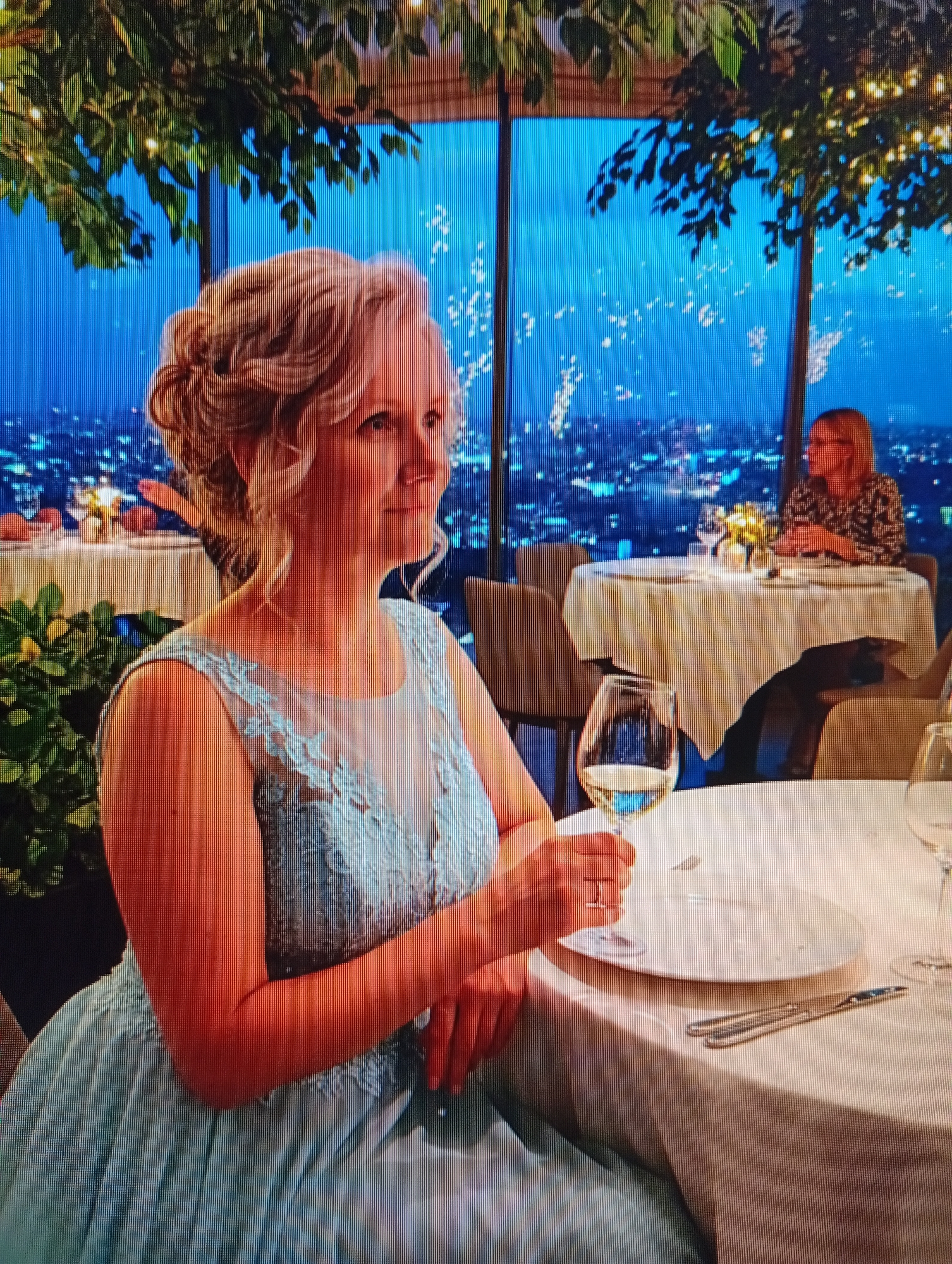 The image shows two women at tables in a restaurant with a panoramic view of a city at night. The primary subject is a woman in the foreground, seated at a table and holding a glass of white wine. She has blonde hair styled in an updo and is wearing a light blue, sleeveless dress with intricate lace detailing on the bodice. Her gaze is directed away from the camera.
In the background, another woman is seated at a separate table, also with a glass of wine. She has blonde hair and is wearing a patterned blouse. Both tables are covered with white tablecloths and have place settings. In the foreground, a white plate and silverware are visible on the table in front of the woman.
The setting appears to be an upscale restaurant with large windows offering a view of a city illuminated by countless lights. The time of day is clearly night, with a deep blue sky. There are decorative elements of greenery and hanging lights or foliage above and around the tables, suggesting an indoor garden or balcony dining area. The overall atmosphere seems serene and elegant, with the city lights creating a festive backdrop. There is no visible text in the image.