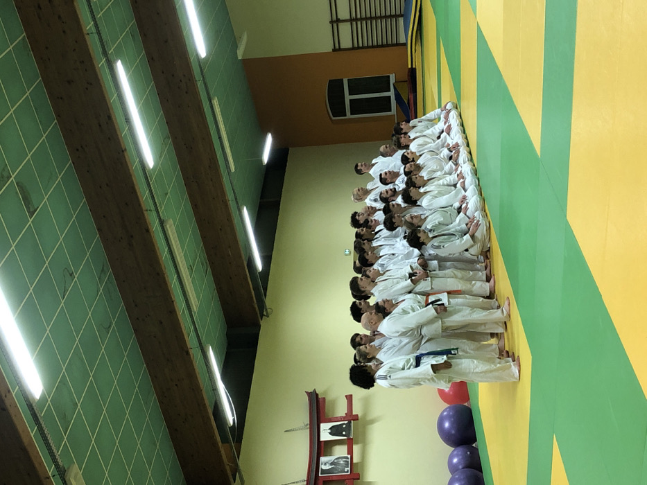 A group of Judo students in white uniforms line up on a yellow and green mat. They are arranged in rows, all facing the same direction with their heads tilted slightly upward. Overhead, fluorescent lights illuminate the room, which has a green tiled wall with wooden beams. In the foreground, there are purple and red exercise balls and a small, red stand with black and white photographs. A window is visible in the background.
