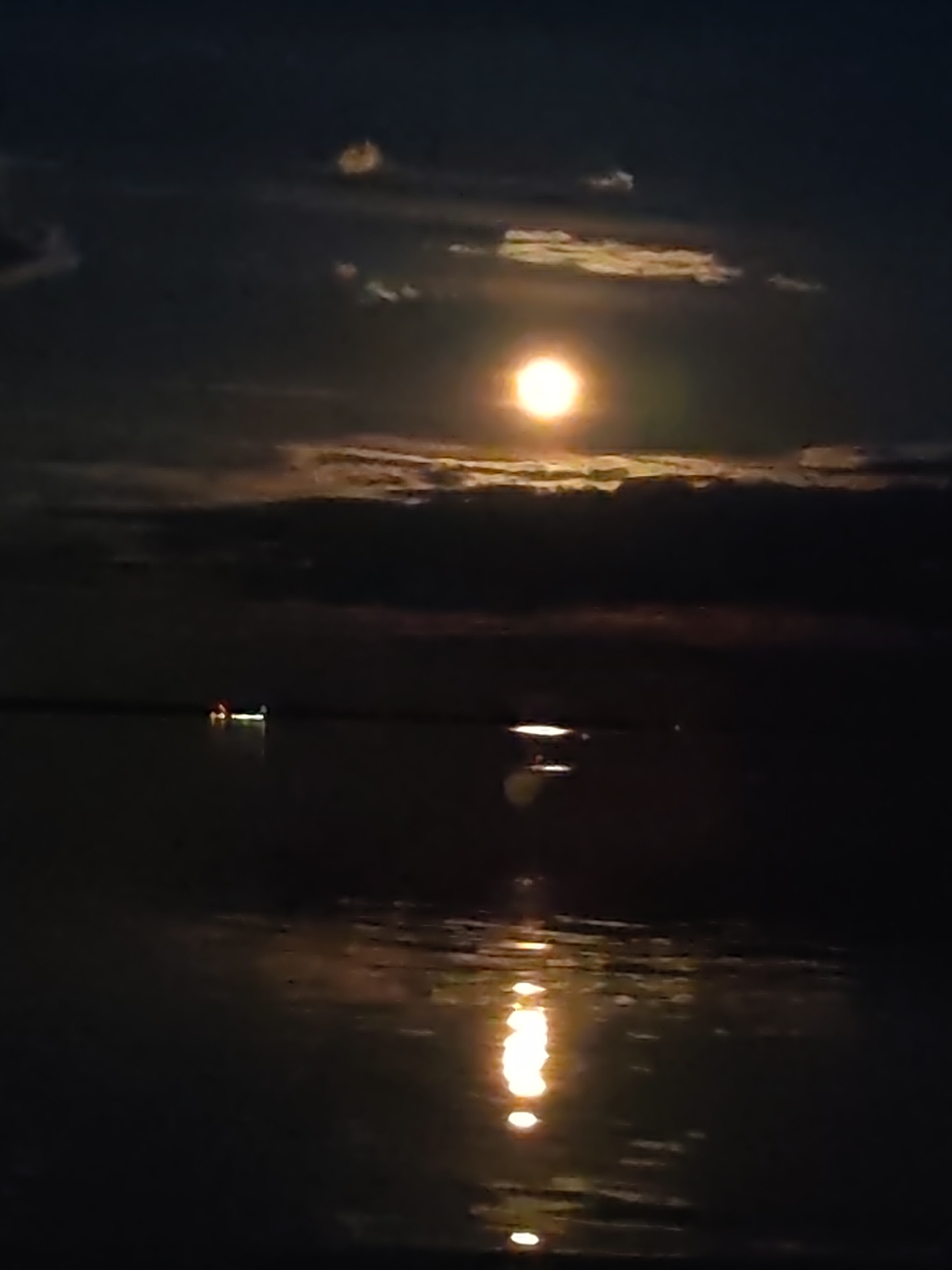 This image depicts a serene night scene over a body of water, likely a lake or large river, in Bol'shie Mkhi, Russia. The time is clearly night, illuminated primarily by a brilliant, circular, yellowish-orange moon positioned high in the sky, slightly above the center of the frame. Dark, layered clouds partially obscure the moon and span across the horizon, contrasting with the bright lunar glow.
A prominent feature is the moon's elongated, shimmering reflection on the calm, dark surface of the water, stretching vertically from the mid-ground towards the bottom of the image. In the middle distance, a small boat is visible on the water, marked by distinct red and green navigation lights, suggesting it is either stationary, perhaps fishing, or slowly navigating. The individual or individuals aboard the boat are not discernible due to the distance and darkness.
The scene evokes a sense of peace and natural beauty, with the bright moon and its reflection providing the primary light source against the dark expanse of the sky and water. There is no visible text in the image.
