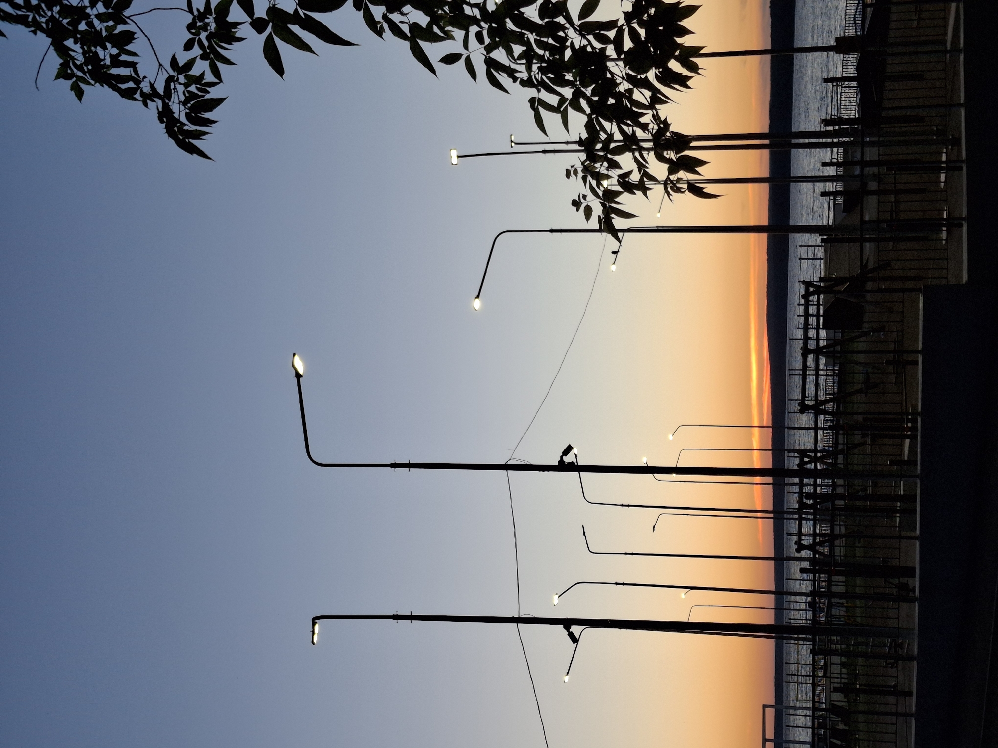 This is a vertical, medium-distance, outdoor photograph of a public area along a waterfront at dusk. The sky is a gradient of deep blue at the top transitioning to a warm orange and yellow near the horizon. In the foreground, silhouetted against the sky, are several tall, thin streetlights with illuminated bulbs. A fence separates the viewer from a playground with swings and climbing structures, which are also silhouetted. Beyond the playground is a body of water, likely the Kama River or its reservoir, with a dark, hilly horizon line. To the right of the frame, a dark silhouette of a leafy tree branches into the upper portion of the sky. The location is identified as the embankment of the city of Chaikovsky, Russia, known for its hydro-electric power station and reservoir. There are no people visible in the image.