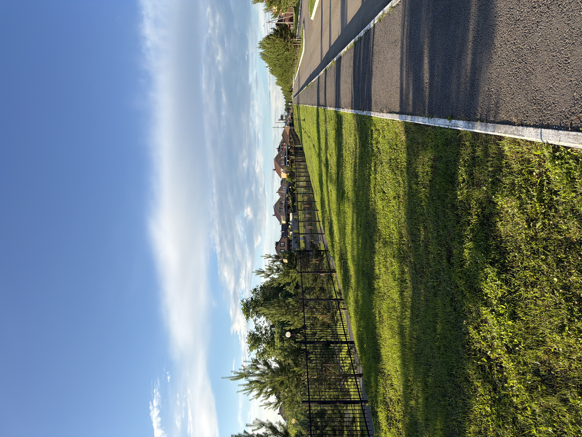 The image depicts a suburban street scene in the city of Shmidtovo, Russia, under a bright blue sky with scattered white clouds. On the left side of the frame, a neatly manicured green lawn is bordered by a black metal fence. Behind the fence, several young pine trees and other greenery are visible, with residential houses in the background. The houses are of various designs, featuring red-tiled roofs and light-colored walls. A paved road with a white border runs along the right side of the image, disappearing into the distance. The road is shaded by the trees lining its edge, casting long shadows across its surface. The overall impression is one of a quiet, well-maintained residential area bathed in the warm light of the late afternoon sun.