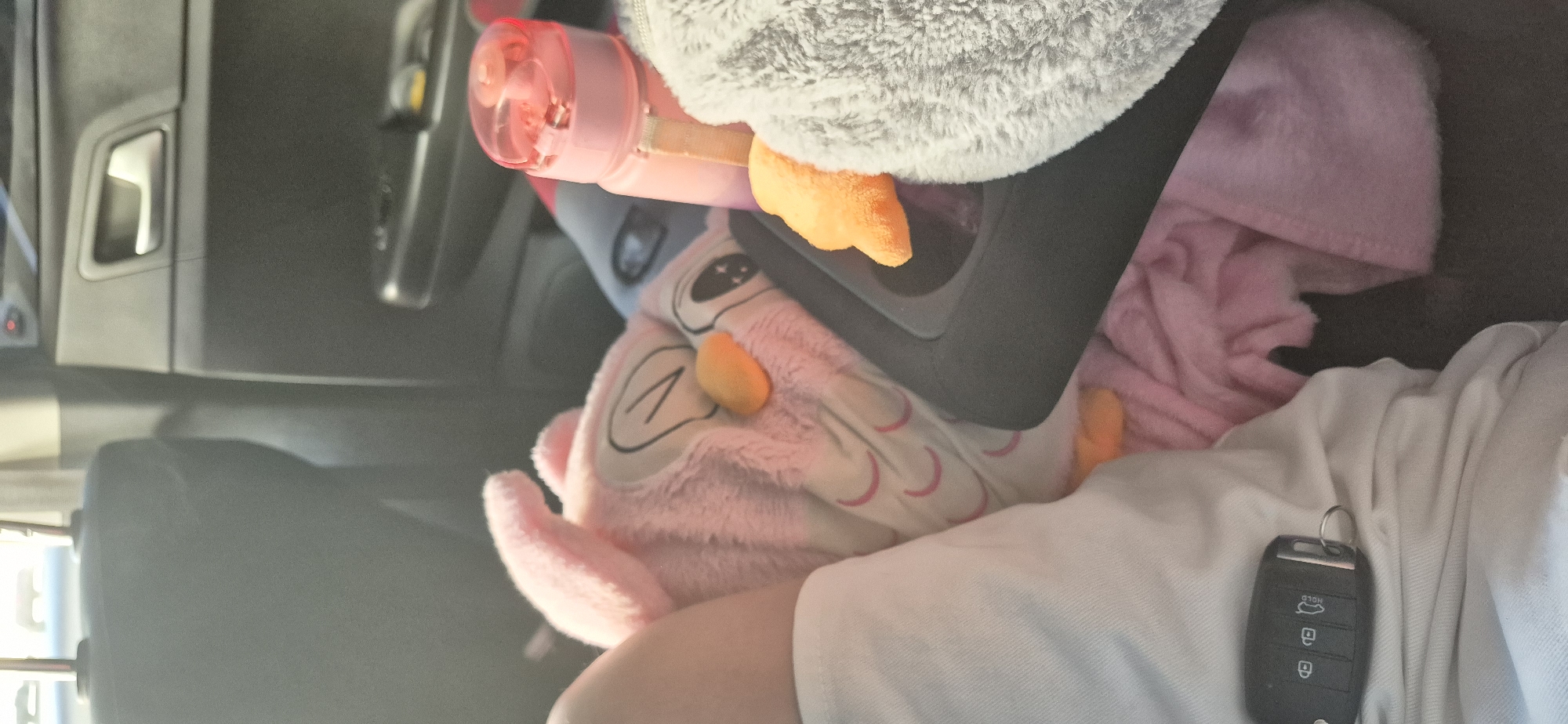 The image shows the interior of a car, specifically the passenger seat area. A person wearing a white shirt is visible, and resting on their arm is a pink owl-shaped plush toy. A car key is also visible on the person's shirt. A car seat is in place with a penguin and a pink blanket. A pink bottle is tucked in by the car seat. The location is unknown.