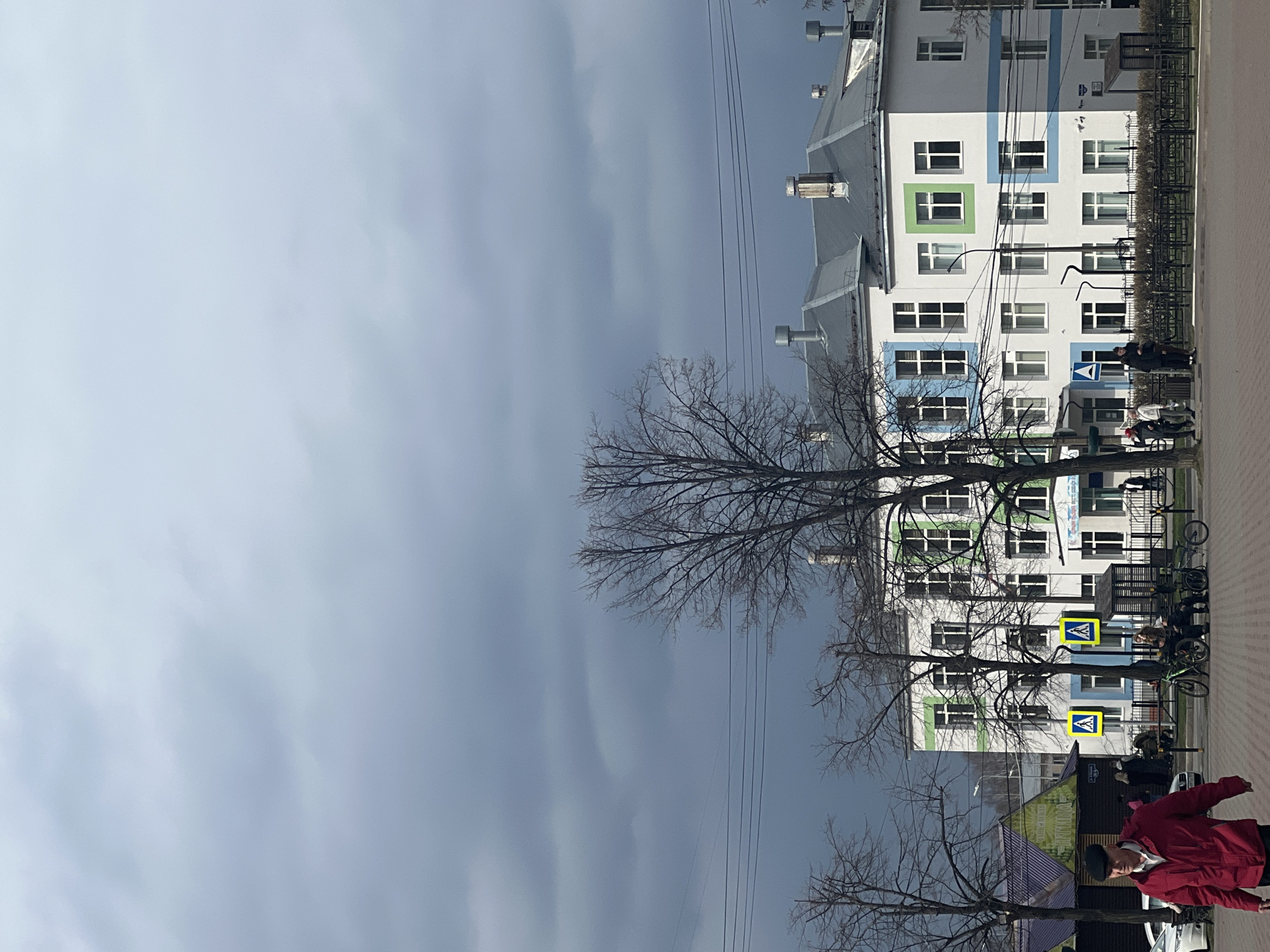 The image shows an outdoor scene in Chaikovsky, Russia, on an overcast day. A light-colored, multi-story building with blue and green accents on its windows is visible on the right side of the frame. Bare trees are scattered throughout the scene, their branches silhouetted against the cloudy sky. Electrical wires stretch across the sky in front of the building. A few people are present on the sidewalk, including a person wearing a red jacket in the foreground and several people near bicycles parked in front of the building. Pedestrian crossing signs are visible next to the sidewalk. A building or structure is present below the trees.