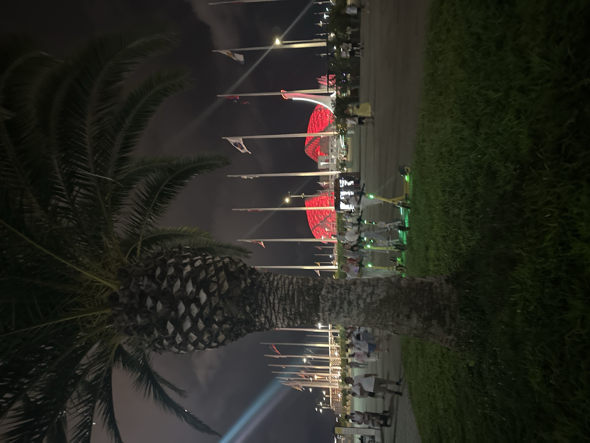 An eye-level, slightly low-angle, night time, outdoor, vertical medium shot captures a park-like setting with a prominent palm tree in the foreground, obscuring the center left of the scene. The palm tree's textured trunk and fronds are dark against a murky, dark sky. In the midground, a paved area is dotted with people walking and standing, some with strollers. A line of electric scooters, lit with green lights, are parked to the right. In the background, a large, brightly lit red structure with a curved roof dominates the view. A row of tall flagpoles with flags fluttering is visible to the left of the red structure, and more flagpoles extend further into the background. Streaks of colored light, possibly from a laser show or spotlights, cut across the sky from the left. The environment appears to be a public space at night, likely an outdoor venue or park, given the presence of people, entertainment structures, and lighting.