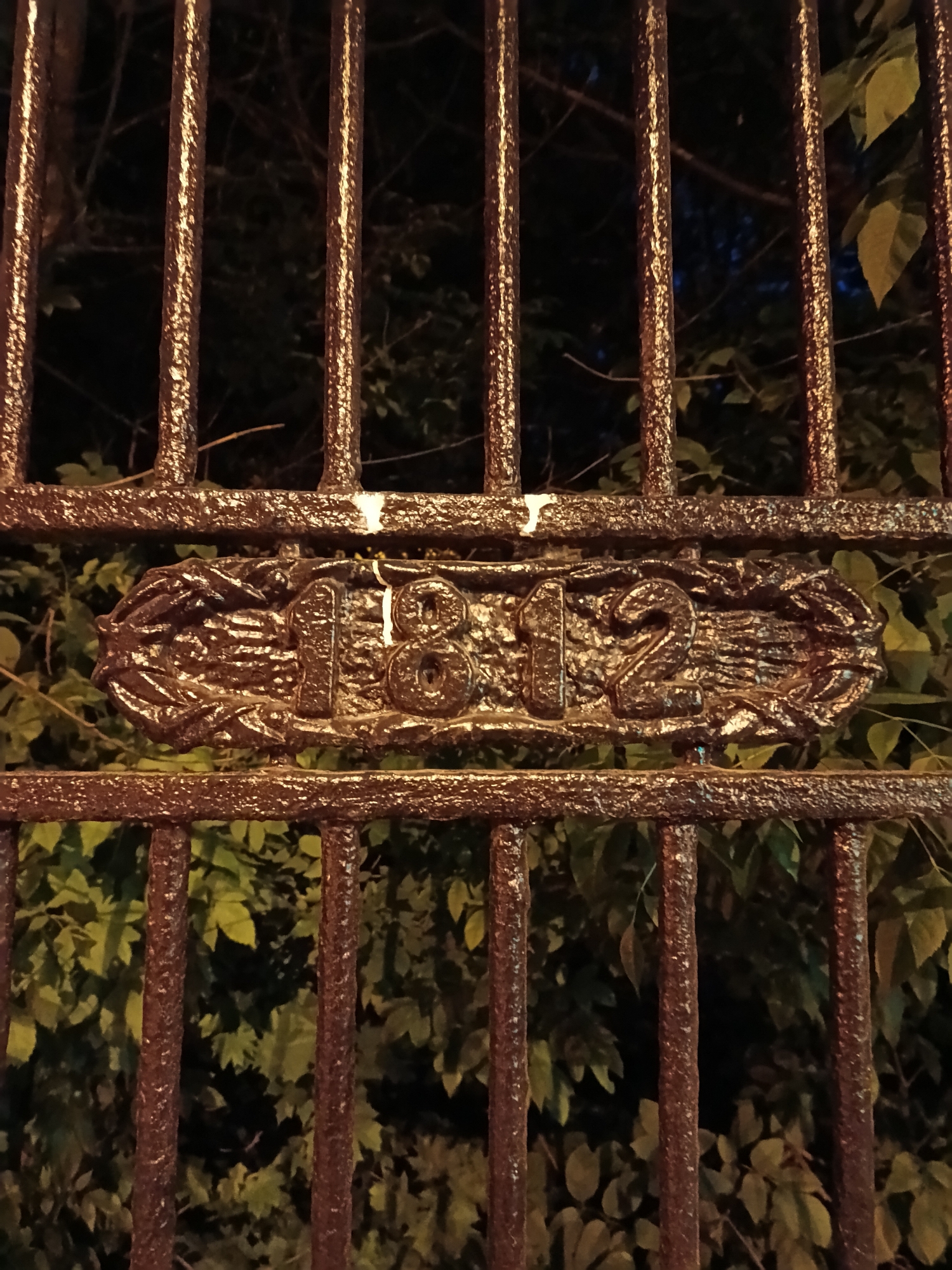 The image captures a close-up of an ornate metal gate at night, likely in Moscow, Russia. The primary subject is a decorative cast-iron plaque embedded within the gate's horizontal crossbar, prominently displaying the year "1812."
The gate itself is constructed from dark, possibly bronzed or rusted, textured metal bars. It features vertical bars running from top to bottom, intersected by a thicker horizontal bar in the middle. The surface of the metal shows a rough, granular texture, with highlights reflecting an artificial light source, suggesting it's illuminated from the front.
The central plaque is oval-shaped and highly detailed, with the numbers "1812" boldly cast in relief. The numbers are clear and legible. Surrounding the numbers, the plaque features an embossed, leafy, wreath-like design, adding to its historical and ceremonial aesthetic. A few small, lighter marks, possibly paint chips or wear, are visible on the gate and near the plaque.
In the background, behind the metallic bars, dark green foliage – likely leaves and branches of trees or bushes – is visible. The background is dim, illuminated only by ambient light filtering through the leaves, indicating that the photograph was taken at night. The lighting on the gate creates a strong contrast, making it stand out against the dark, organic background.
The year "1812" is a significant historical reference, particularly in the context of Moscow and Russia, alluding to the Patriotic War of 1812 against Napoleon's invasion. The image depicts a static scene, focusing on a historical marker rather than any activity or event.