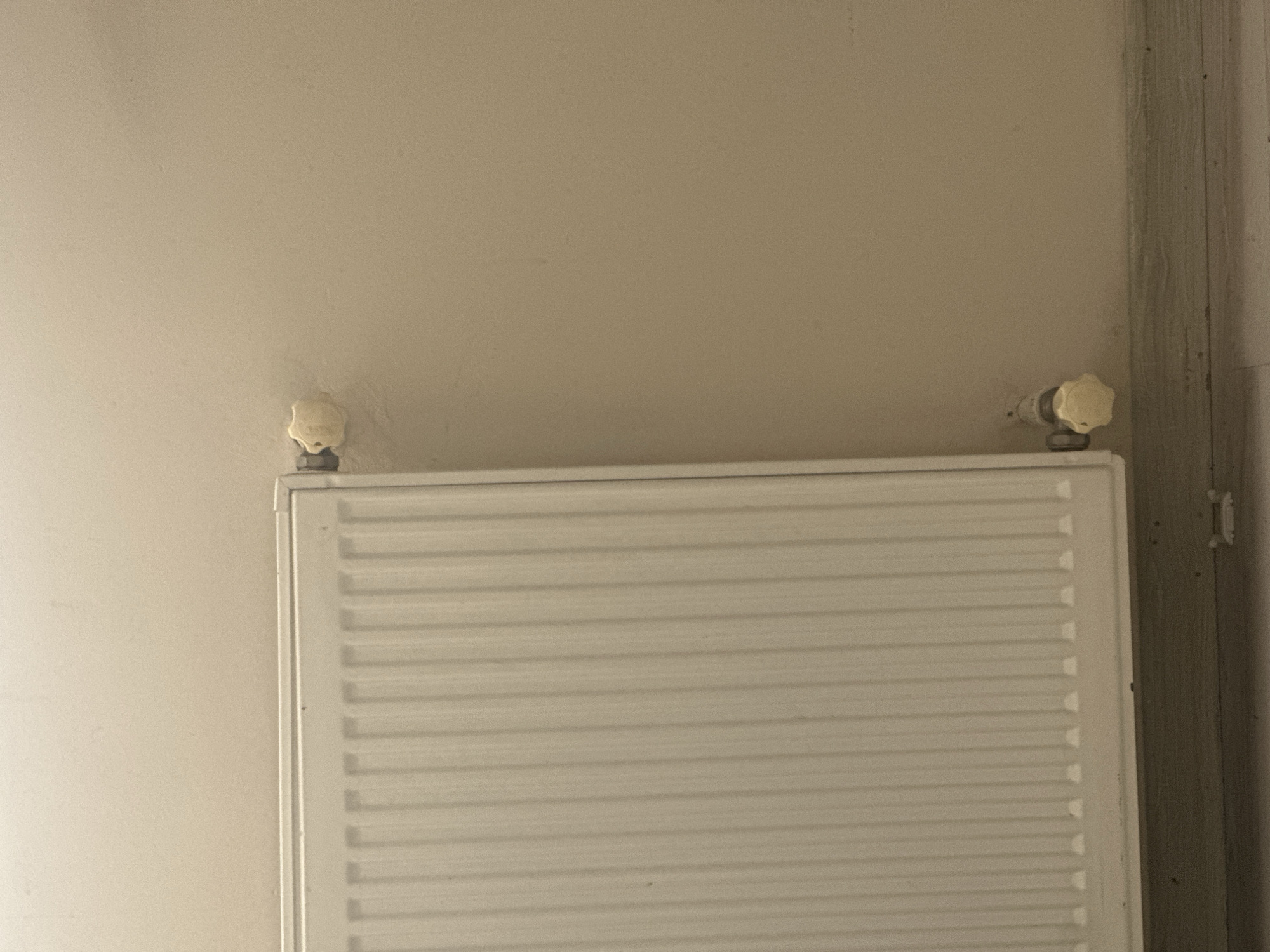 A white radiator is positioned against a neutral-toned wall. Two cream-colored knobs are visible on the wall adjacent to the radiator, one higher and one lower, both appearing to be controls. The floor below the wall is a dark wooden skirting board and a lighter wooden floor. The scene appears to be indoors, in a residential or commercial setting, likely within the city of Başakşehir, Turkey, based on the provided information.
