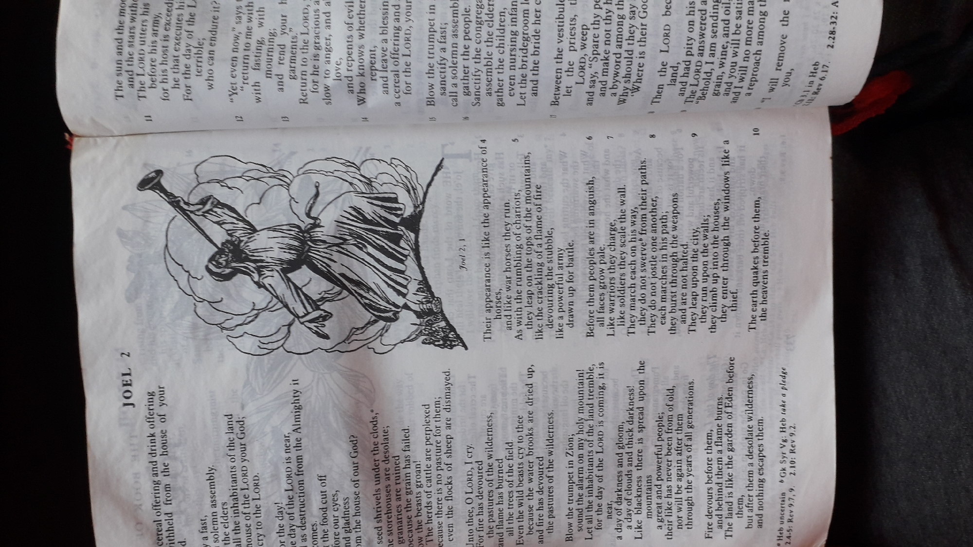 The image shows an open book, appearing to be a Bible, with text and an illustration. The illustration depicts a figure blowing a horn, surrounded by swirling clouds or smoke. The text on the left page is primarily in two columns, with headings such as "JOEL 2". The text on the right page is also in two columns, with verse numbers like 11, 12, 13, 14, 15, 16, 17, and notes at the bottom. The book is lying on a dark surface, possibly a table. The lighting suggests it is indoors. There is no information in the image to indicate its location in Nkpor, Nigeria.