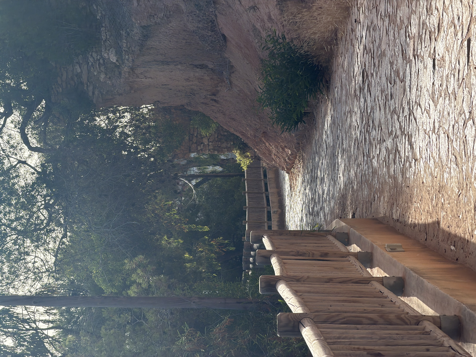 An outdoor scene depicts a stone-paved pathway with a wooden railing. The pathway curves to the right, leading towards a wooded area. A tall wooden pole stands to the left of the path, with foliage and trees surrounding it. To the right, a dirt embankment rises, sparsely vegetated with dry grass and a cluster of green bushes. The scene appears to be set during the daytime, with sunlight casting shadows on the pathway. The location is identified as Unknown, Unknown.