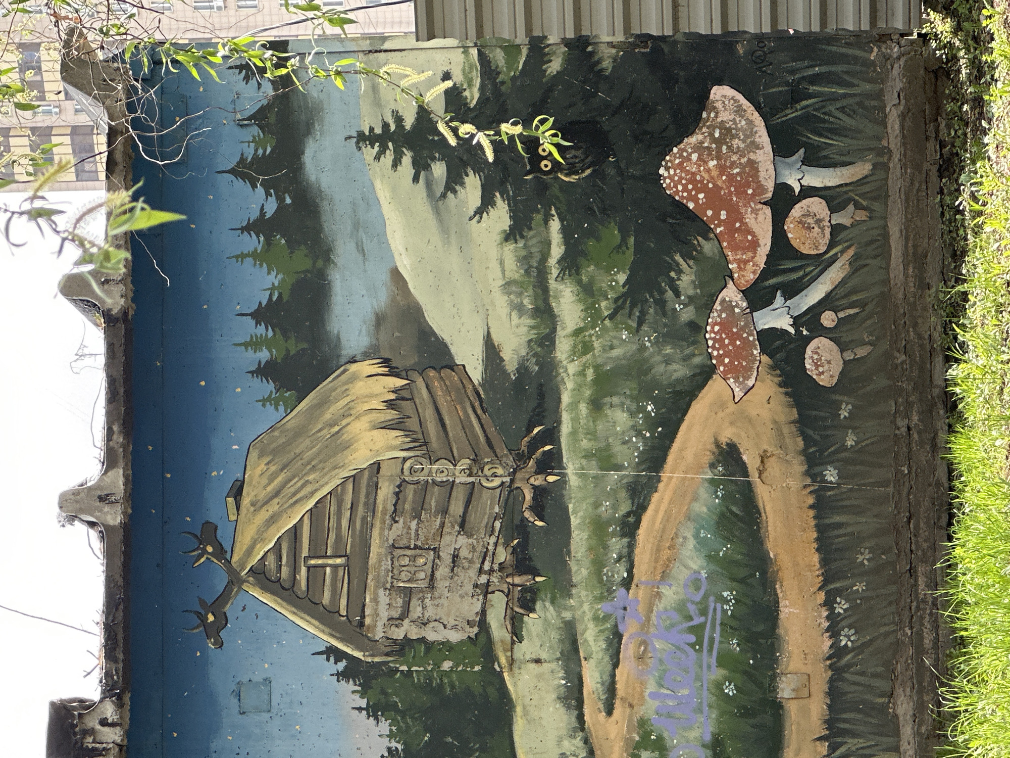 The image captures a mural in Novosibirsk, Russia, depicting a Baba Yaga hut. The hut, rendered in shades of brown and beige, stands on chicken legs against a backdrop of pine trees and a pale blue sky dotted with gold-colored dots. To the right, two red and white spotted mushrooms are painted. A dirt path curves around the hut. There is some graffiti at the lower center of the image. The mural appears to be painted on a concrete or metal surface, possibly a wall or barrier. Green foliage is visible around the sides of the mural. A building is visible in the background behind the mural.