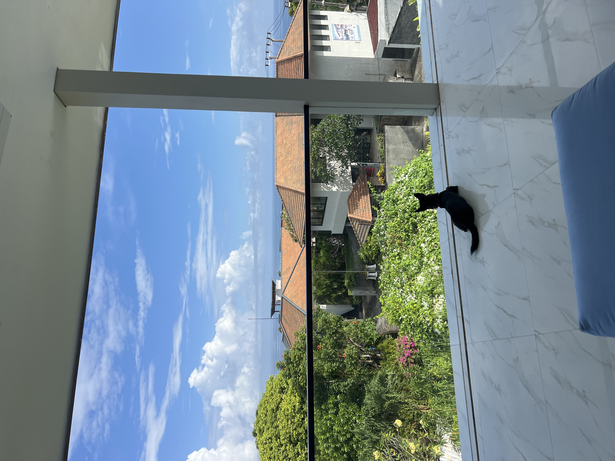 A partially obscured outdoor scene is visible through a large window. The scene includes buildings with orange tile roofs and lush green trees and bushes. A blue sky dotted with white clouds is seen in the background. Inside, a black cat is lying on a white marble-tiled floor. A blue cushion is partially visible in the right corner. The location is the city of Unknown, Unknown.