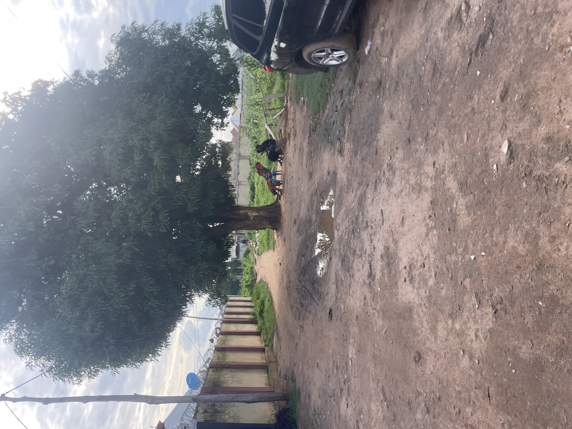 The image depicts a dusty, unpaved road in Lafia, Nigeria. A large tree stands prominently in the middle ground, providing shade to two individuals sitting on chairs under its canopy. To the left, a concrete wall topped with barbed wire encloses a property, with a satellite dish visible. A black SUV is parked on the right side of the road. The ground is uneven, with puddles of water suggesting recent rainfall. In the background, vegetation and residential buildings are visible. The overall scene conveys a sense of everyday life in a semi-urban environment.