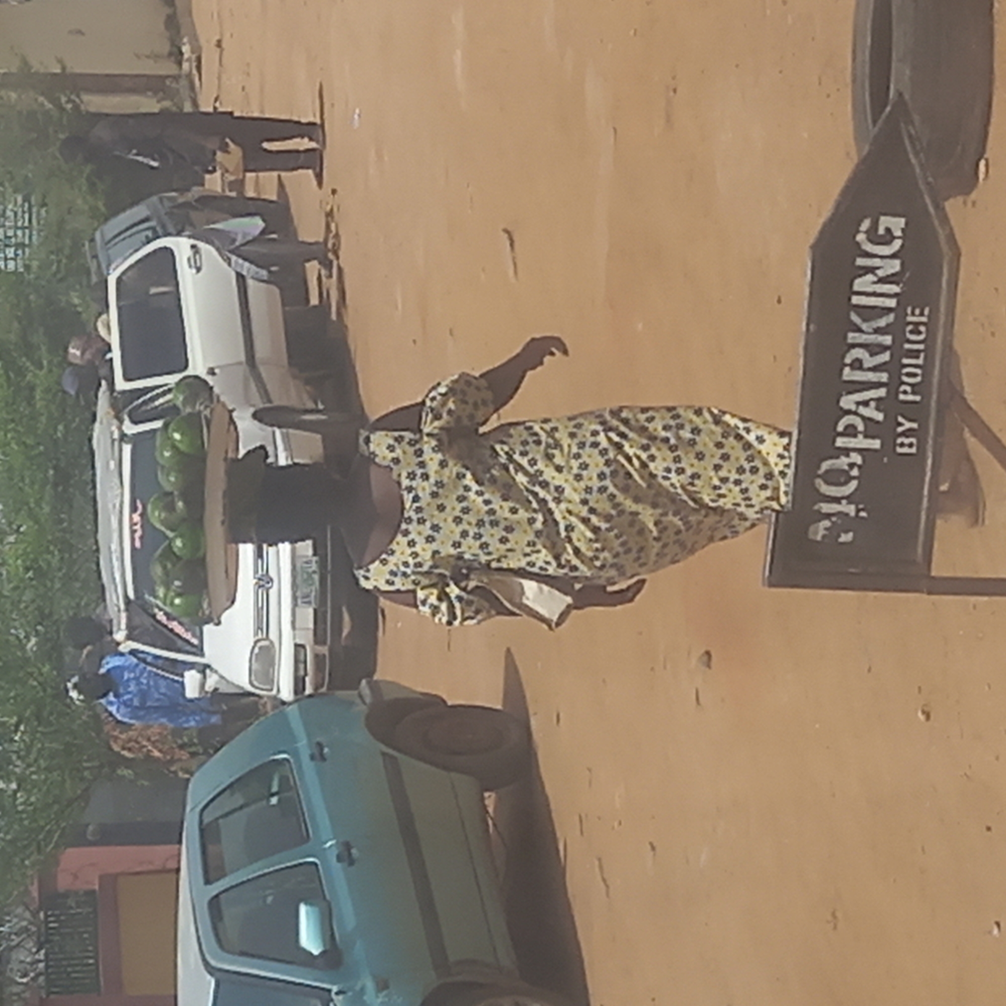 The image captures a vibrant daytime street scene in Sardauna, Nigeria, featuring people, vehicles, and a street sign on an unpaved road.
The central subject is a woman, likely a vendor, dressed in a yellow dress with a dark floral pattern. She skillfully balances a large, flat wooden tray on her head, which is laden with several large, round green fruits, possibly watermelons or gourds. Her right arm is slightly raised, suggesting movement or a momentary pause, and her left hand appears to be holding something at her side.
Around her, several vehicles are present. A white van or minibus is parked behind her to the left, with people visible nearby, including one individual in a blue shirt. The van bears a license plate with the text "AN-0974." In the foreground on the left, a teal-colored car is partially visible.
To the right of the woman, a prominent black street sign stands on a pole. The sign clearly displays the text "NO PARKING BY POLICE" in white capital letters. Behind the sign, a black vehicle tire is visible.
The setting appears to be an active street or market area. The ground is unpaved, a light brown sandy or dusty surface. Lush green foliage from trees or bushes can be seen in the background on the far left. The bright, clear lighting indicates that it is daytime, casting visible shadows and highlighting the daily life unfolding in the scene.