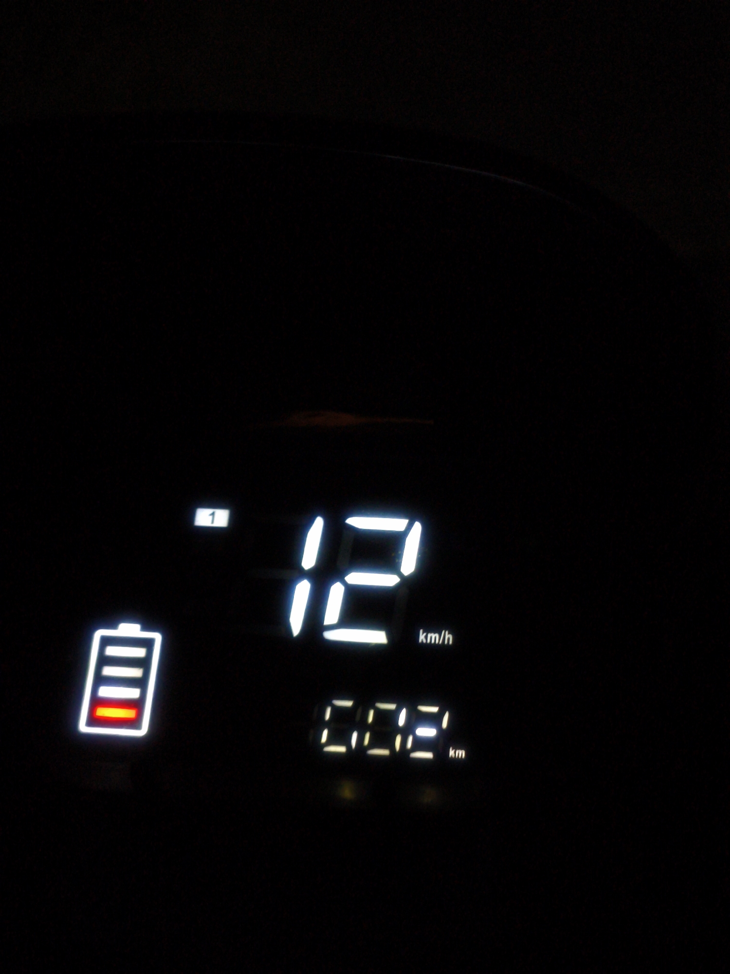 A digital display shows a speed of 12 km/h and a distance of 0.02 km. To the left of the speed display, a battery icon indicates a low charge, with only one bar illuminated. Above the speed display, the number 1 is shown in a small white box. The display is dark, suggesting it is night or in a dimly lit environment. The location is unknown.