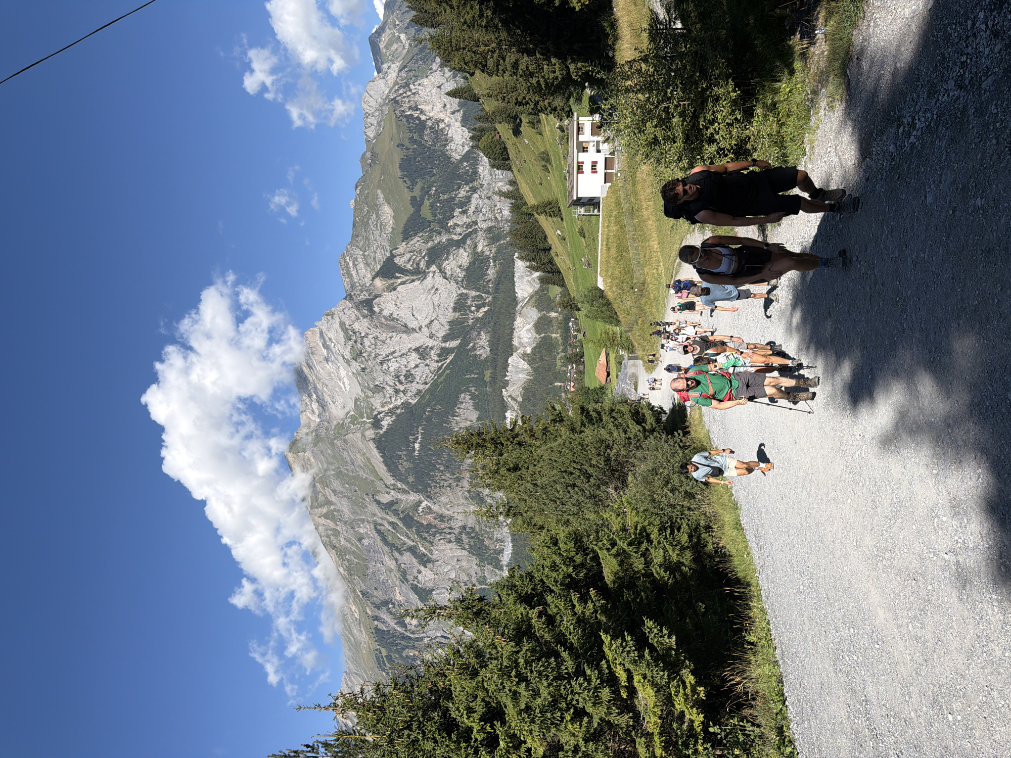 In Kandersteg, Switzerland, a group of hikers are walking up a gravel path on a sunny day. The path winds through a mountainous landscape with tall green trees and a large, rocky mountain range in the background. Some hikers are in the foreground, while others are further up the path. The hikers are dressed in casual hiking attire and many are carrying backpacks. One hiker in the foreground on the right is wearing a green t-shirt and grey shorts, and is using trekking poles. Another hiker in the foreground to their left is wearing a black tank top and black shorts, also with a backpack. A woman in a white top and black shorts is walking beside them. Further up the path, a man in a blue t-shirt and beige shorts is walking alone. The sky is a clear blue with a few white clouds. In the middle ground, there is a white building with a red roof, and beyond that, more green hills and trees. The overall scene depicts a recreational outdoor activity in a picturesque mountain setting.
