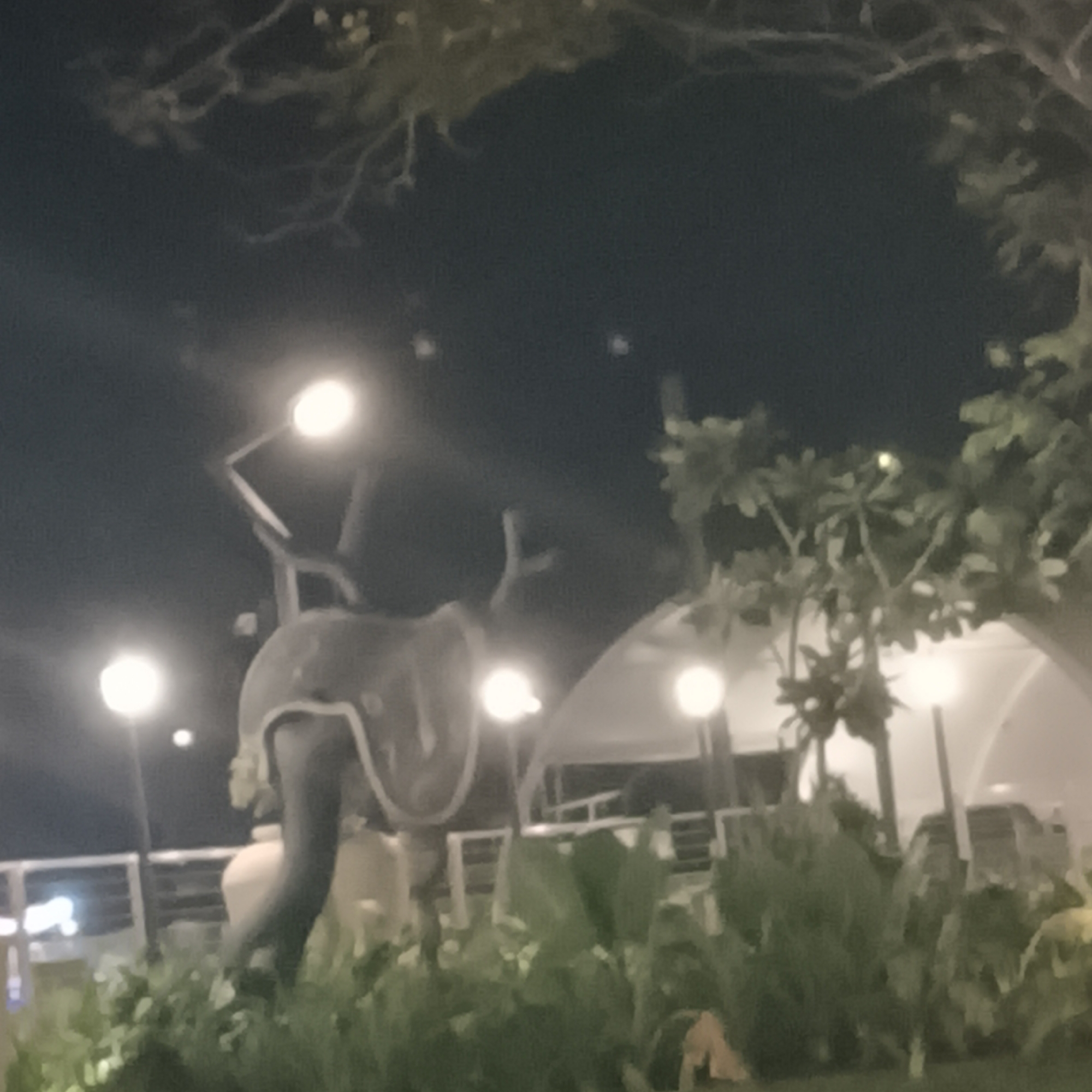 A nighttime scene features a deer sculpture in a garden setting. The sculpture, illuminated by nearby streetlights, appears to be made of dark-colored material with prominent antlers. Behind the sculpture, there is a white tent-like structure and a building. Lush greenery and trees surround the sculpture and structures. This is most likely near the park and garden area of Miramar Beach in Panaji, India.