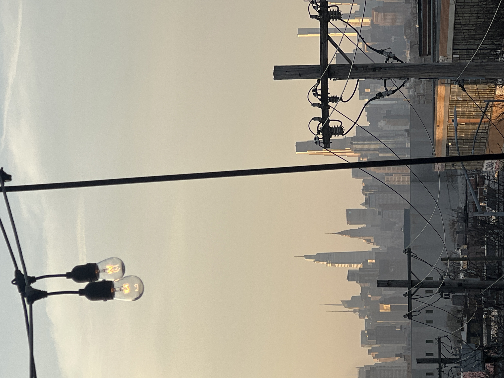A rotated, medium shot shows a hazy cityscape, apparently of New York City, seen through a network of utility poles and wires, and a string of lit lightbulbs. The city buildings are numerous and dense, varying in height, with a general haze obscuring finer details. Utility poles are wooden, with attached insulators and connecting wires forming a complex pattern in the foreground. The lightbulbs, hanging from a black wire, are lit, casting a faint glow. The overall color palette is warm, dominated by soft, muted tones of gold and grey.