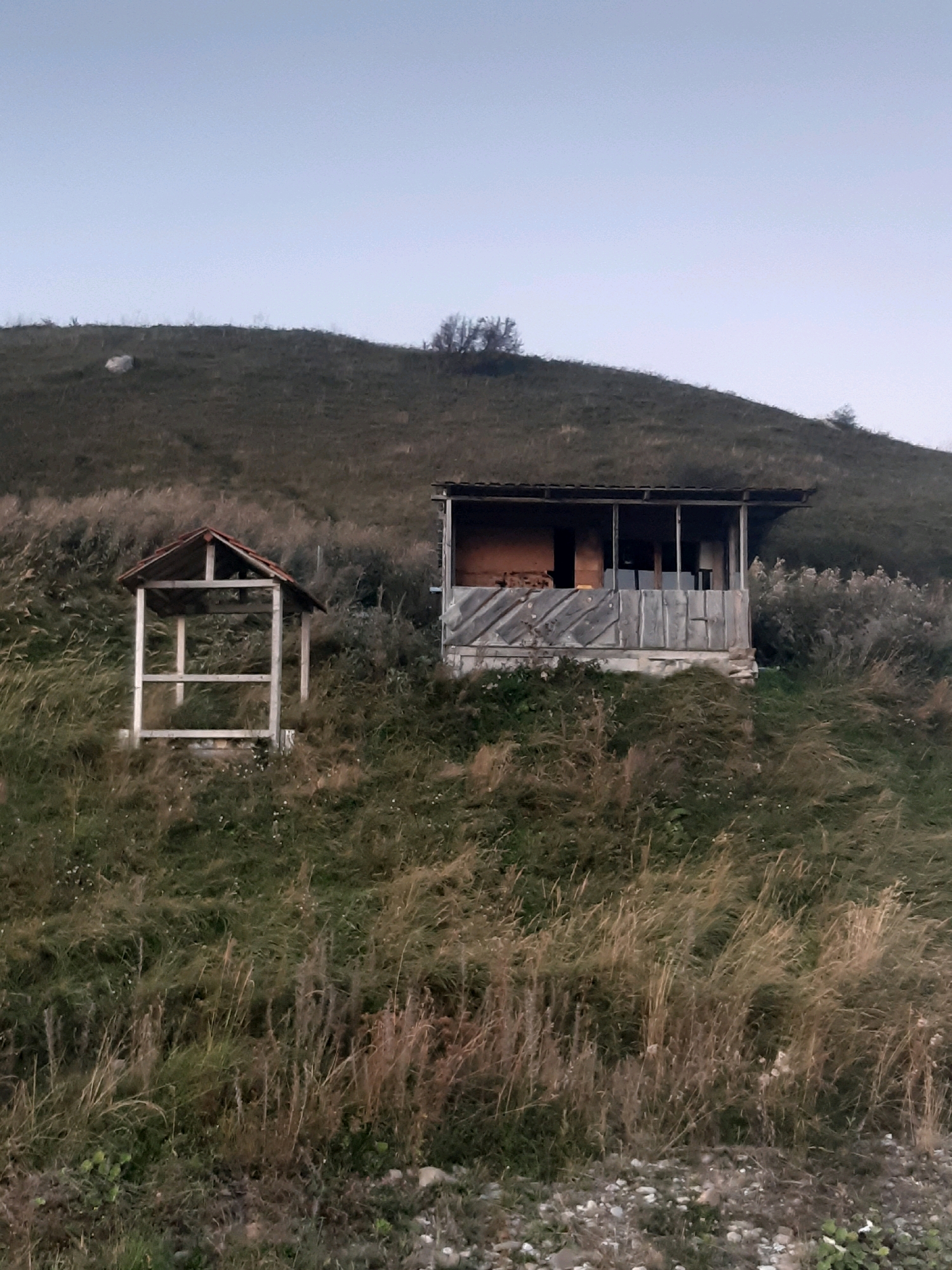 The image shows a rural scene on a grassy hill, with two structures. To the left, there is a small, open-sided wooden shelter with a red, corrugated roof supported by four posts. To the right, further up the hill, is a larger wooden structure, appearing to be a small house or cabin. This building has a covered porch with vertical wooden planks on the lower section and windows or glass doors on the upper section. The surrounding environment is overgrown with tall, dry grass and some scattered green vegetation. The ground is uneven, indicating a hilly terrain. The sky is a pale, overcast blue. There are no people or animals visible in the image. The scene is located in the city of Verona, Georgia.