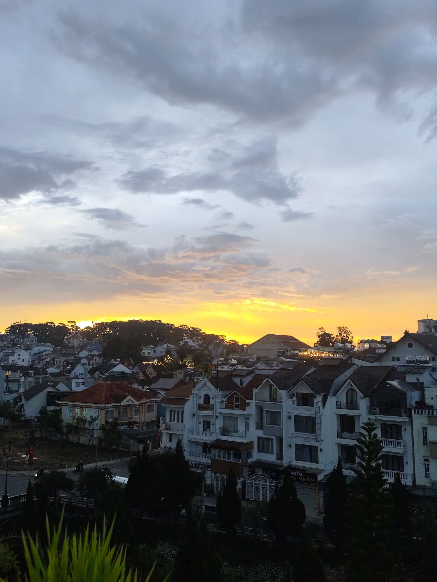 The image captures an elevated view of a residential area in Da Lat, Vietnam, at sunset. The sky is filled with a mix of grey clouds and a vibrant yellow glow from the setting sun, which is partially obscured by a tree-covered hill in the distance. The foreground consists of buildings with a mix of architectural styles, including some with red-tiled roofs and others with white facades and balconies. The buildings are densely packed together, characteristic of urban residential areas. In the very front, there are green plants with pointed leaves. A street runs through the area with a couple of vehicles present. A sign with the words "HOTEL D. NG NHÂN" can be seen on one of the buildings. The overall scene gives a sense of a city landscape transitioning into dusk.