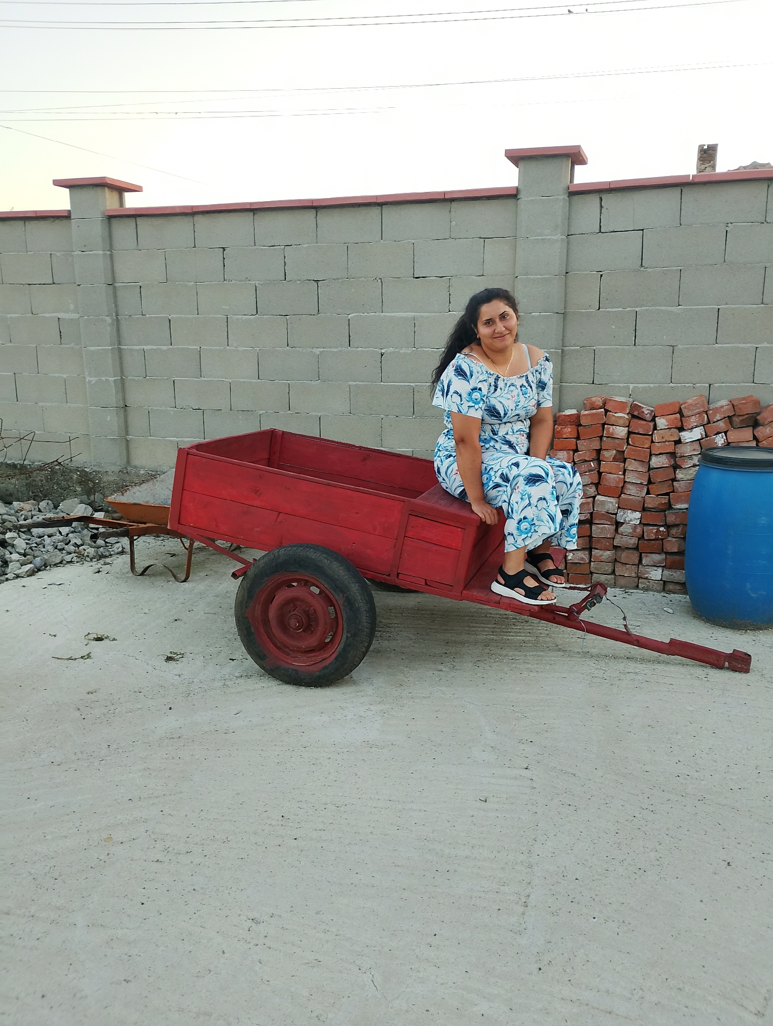 In Zimnitsa, Bulgaria, a woman wearing a blue and white floral off-the-shoulder top and matching pants sits on a red wooden cart with a single wheel. She is smiling and looking towards the camera. The cart is positioned on a concrete surface, with a stack of red bricks and a blue barrel visible in the background. Behind these items is a grey brick wall topped with red trim and posts, and beyond that, a pale sky with thin electrical wires. The scene appears to be outdoors, possibly in a yard or storage area.